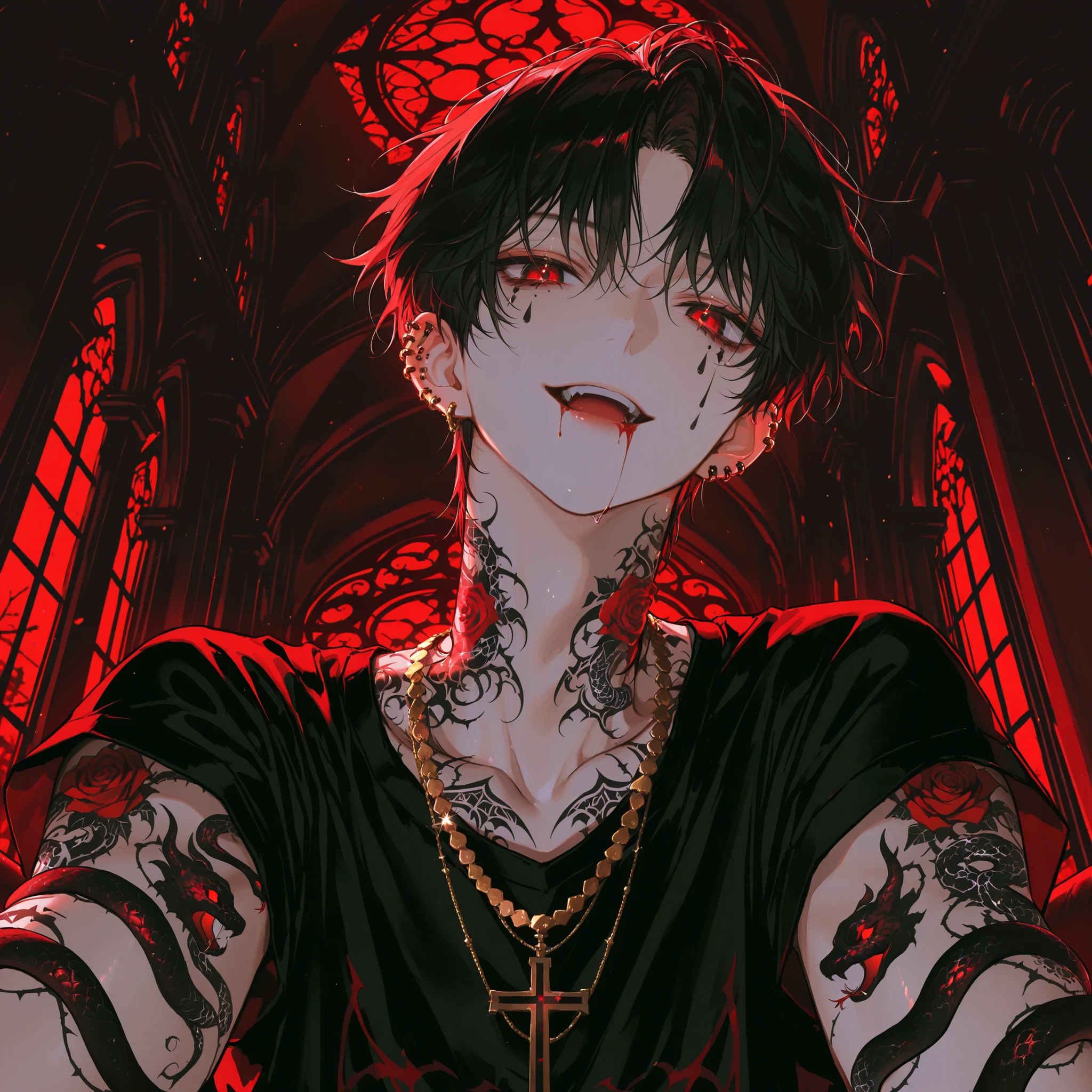 ((masterpiece, best quality)), t son, male,handsome,dark church interior, Open your mouth for lots of piercings , close up,dark hair, head with bangs, red eyes,dark eyes,seductive smile,night,Suspicious appearance,Seen from below,Overlapping positions,sitting on a church chair,bedroom, backlight,staring straight into the eyes of visitors,staring at the visitors' eyes,Red light ,costume,smiling, large cross tattoo on the neck, gold necklace , Teardrop tattoo under the eyes, Teardrop tattoos under the eyes, close up한 얼굴, Demon pattern tattoos on the body, Tattoos with many tattoos on the body, rose tattoo, snake tattoo, Black and white tattoo, murder, worships the devil, Miho smirking
