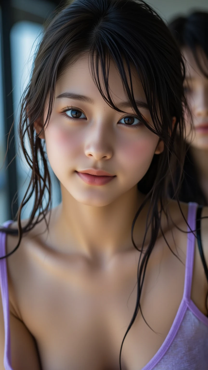 (((In the center is a Japanese woman of about 1..)))、((Highest quality、8k、masterpiece:1.3))、Sharp focus:1.2、Beautiful woman with perfect figure:1.4、Slim Abs:1.2、((Small breasts:1.2))、Narrow waist、Beautiful dark tanned skin:1.6,(Wet stringy ultra micro bikini、Wet body:1.2)、(rain、street:1.2)、Highly detailed face and skin texture、Detailed eyes、double eyelid、I&#39;I&#39;m laughing at this、String-like micro bikini swimsuit:1.5,naked:Super micro bikini swimsuit that looks like a string:1.1,A string-like ultra-micro bikini swimsuit is digging into her body.