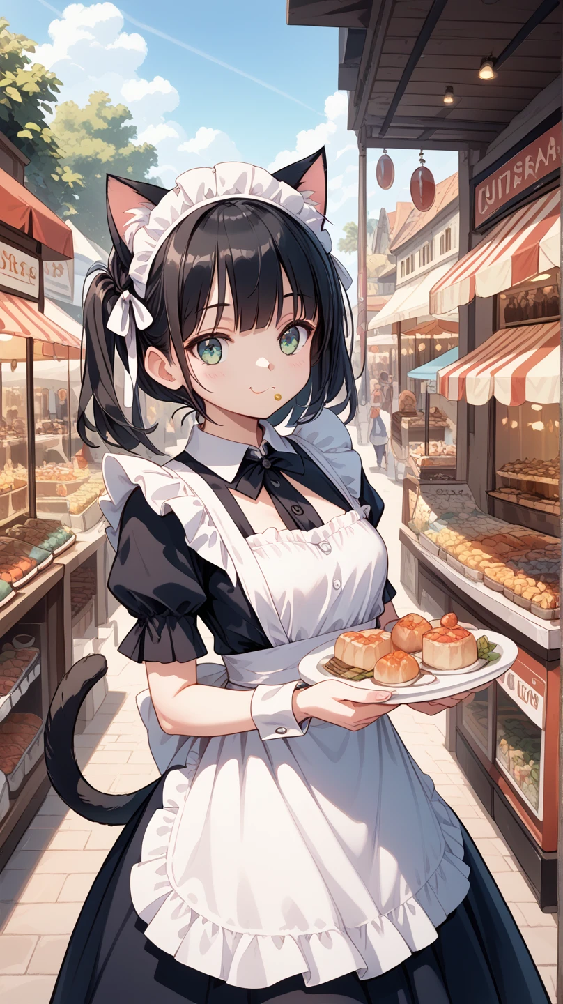 black hair, glass, Cat ears, Cat&#39;s tail, Maid, Going Out,  Market, Circuitous, diet, Eating while walking , warm sunshine, A breeze of fresh air