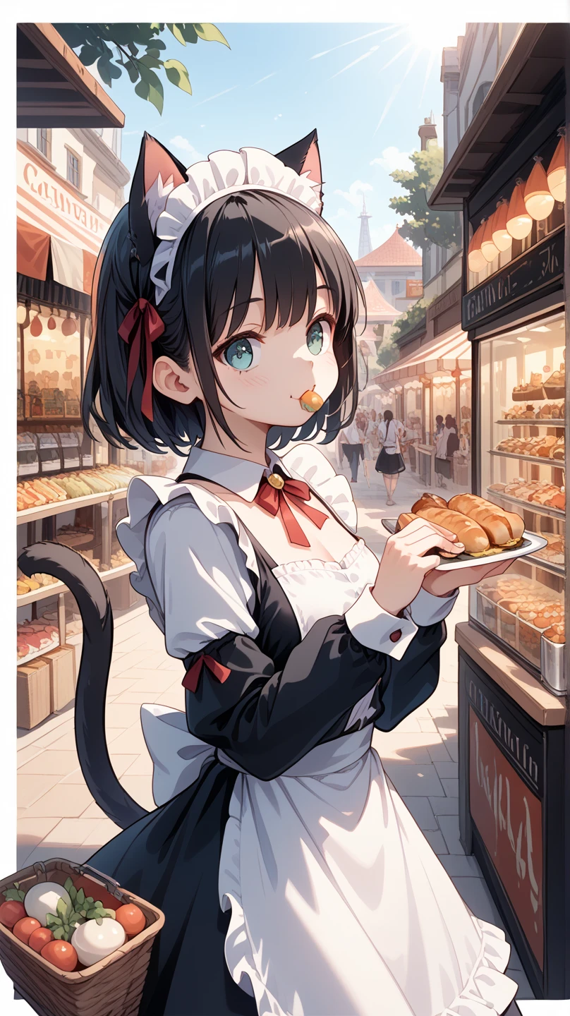 black hair, glass, Cat ears, Cat's tail, Maid, Going Out,  Market, Circuitous, diet, Eating while walking , warm sunshine, A breeze of fresh air