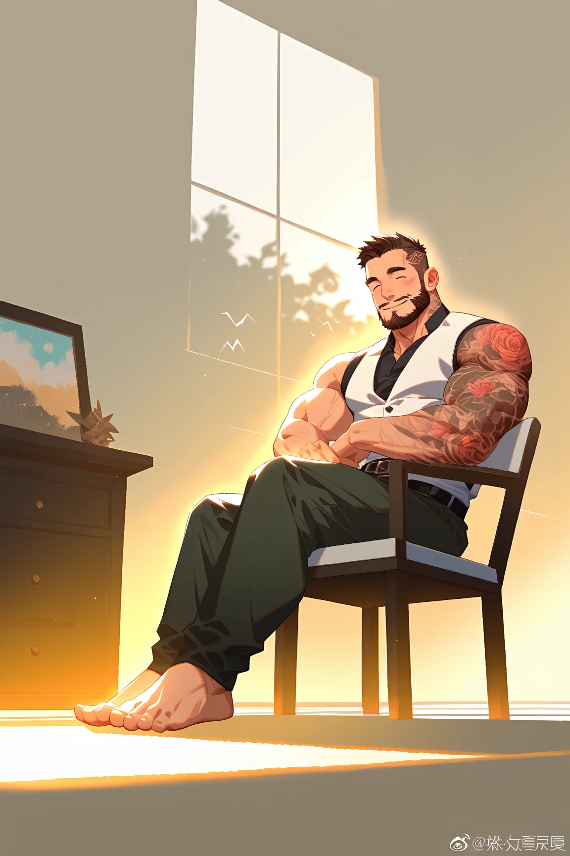 best quality, masterpiece, super high resolution, detailed background, realism, Illustrations, single, 1 boy, muscle, volumetric lighting, depth of field, facial hair, samurai, (crew cut), on couch, own hands together, Ryu, black clothes