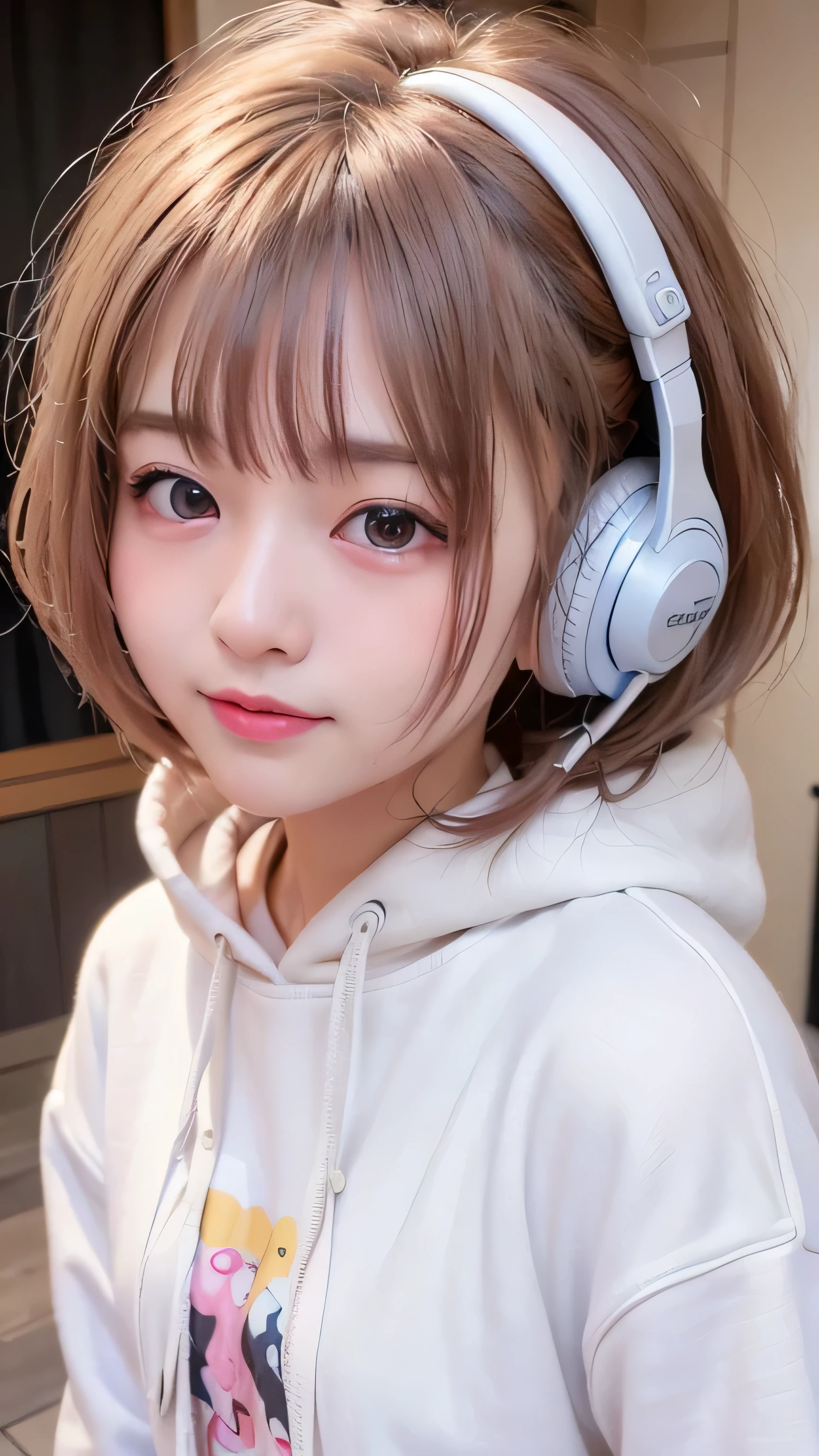 とてもcute女の子、、Semi Long、medium hair、white hair、、blue eyes,upper body、close-up、face、(笑face:1.5),(facing forward:1.2),(masterpiece:1.3, best quality, photorealistic, super detailed, Exquisite Description, high definition, 8k Wallpaper), 美しいface, 詳細なface, beautiful eyes, detail eyes, Looks fun、笑face, A costume with only 1 person ,medium hair, (platinum blonde hair, , small , single blade, (single blade), (side braids),In your room at home, viewers、small , best quality, 18 year old beauty, makeup, 1 Female, solo, , watch viewers,, 笑face、 Smile、cute、笑face、笑いface,、pink hoodie,headphones、kind,、smile,happy,Now Available,TIKTOK,pink shirt、singing a song、sing, open mouse, eyes closed,close eyes, Light Color, Surrealism, そして驚いた笑face, fresh sunlight , 太陽の光に負けない最高の笑face,,Now Available,chubby