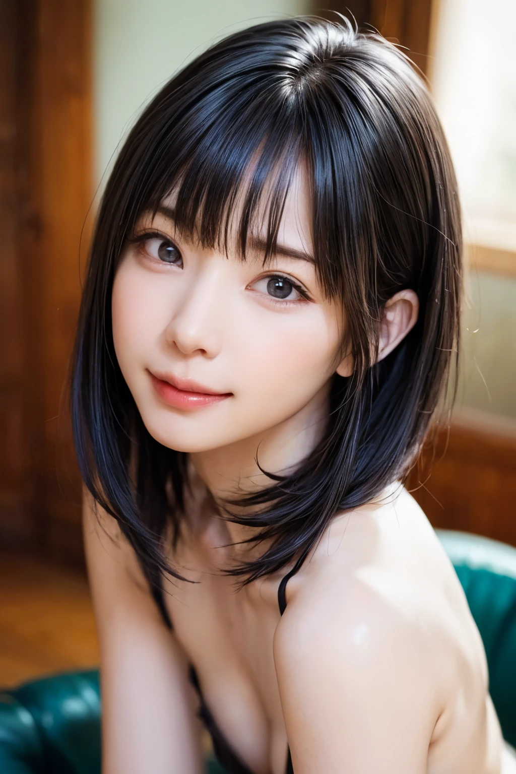 (software:2,table top, highest quality、ultra high resolution、face focus focus、Focus on the side、Focus on the navel、decolletage focus、Very attractive beauty、Adds intense highlight to the eyes、Look closely at the camera:1.4、Really beautiful bangs:1.4、Brunette short bob hair with bangs:1.4、short bob hair:1.6),1 girl, Report, black haired, realistic, looking at the viewer, pale brown eyes, short hair, lips, lip gloss, Upper body、Big eyes、eyelash)、((hyper real stick:1.4、Beautiful face in symmetry))、((short hair with bangs:1.4、Beautiful 46-point bangs:1.4、{Huge|big|Huge|mega} chest:2, cleavage:2、Big eyes、Give students very powerful highlights、very bigger chest、look at the audience、very beautiful beauty、show me your ears、Beautiful long neck、beautiful decollete、smile、A smilee beautiful teeth、Open your mouth and smilee))、28 years old、super cute super model、perfect anatomy、very simple red background:1.8