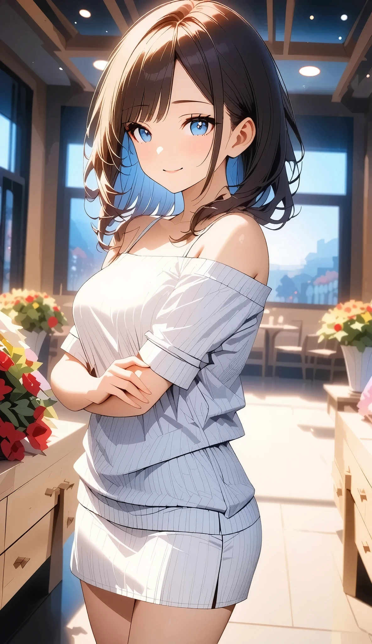 1 beautiful girl, 10th Generation, Anime Pretty Girl, knitted sweater dress, Off Shoulder, miniskirt, thigh, beautiful face, (smile, In a good mood), beautiful eyes, beautiful lips, detailed skin, eyes, and face, sharp pupils, Realistic pupil, Big Breasts:1.3, (luxury lingerie:1.1), cowboy shot, Dutch angle, Face Light, Film Grain, Color Difference, high definition, super precise, fine grained, sharp concentration, street, (masterpiece, of the best quality, 8k, CG illustration art , anime style that is close to the face and chest),