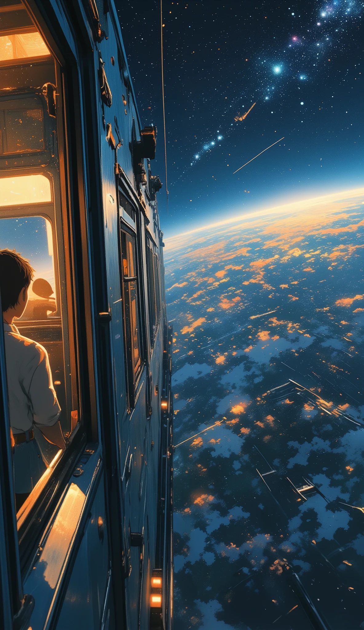Galaxy Express 999, a masterpiece by Leiji Matsumoto, passenger cars pulled by a steam locomotive traveling through space, a train traveling through space without tracks, an interplanetary express train, an interplanetary immigrant looking out the window in a passenger cabin