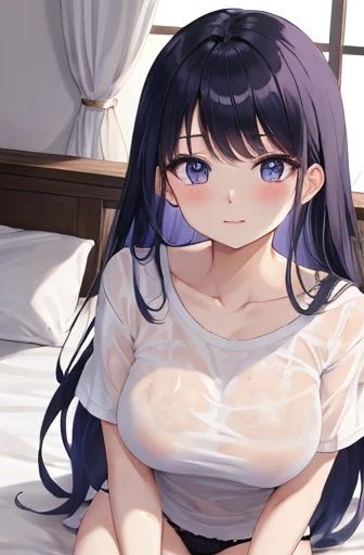 raiden shogun, On the bed, Long Hair, Wearing a wet white t-shirt, Wear underwear, The body is slim, joy, Perfect breasts,Big Breasts、Black Hair