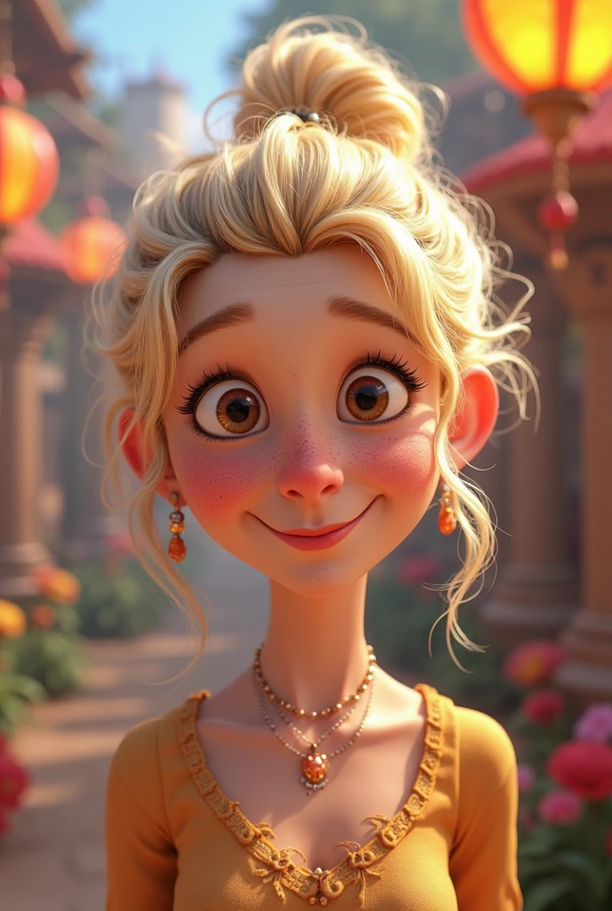 金と赤のアオザイを着た女性のCartoon characters、at the library、She has a very short blonde pixie-style animated character hair, Stylized characters, Animation-style rendering, 3d stylized, Arnold Maya rendering, Stylized 3D rendering, toon render keyshot, 3D text, 3D text, Stylized 3D rendering, 3D textレンダリング, Cartoon characters, Close-up persona, Text pose, (Pixar-style) (Master part:1. 2) (Bokeh) (Highest quality) (Detailed skin) (Detailed Texture) (8k) (Argilla) (Cinematic Lighting) (Sharp Focus)、Big Breasts