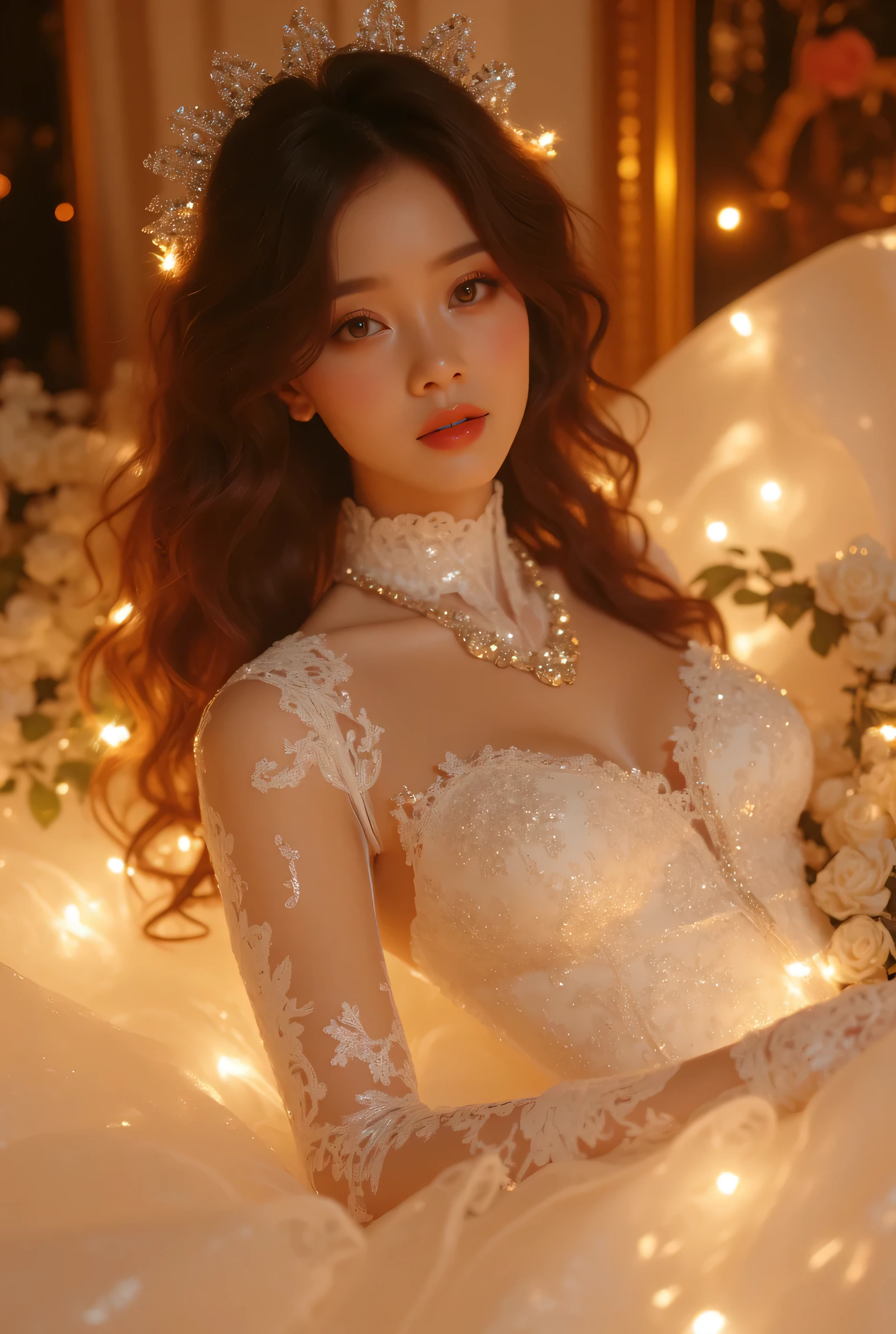 best quality , Super quality, 16k, Unbelievably Absurd, very detailed, lovely photo, delicate and dynamic, Kiri Reina female, seductive smile, pure white wedding dress , great style , bouquet, steampunk, DIESEL PUNK , clock punk , cyberpunk, Glitter effect, shining jewelry, golden magic lights at dress,1girl, orgasm pose at bed,
