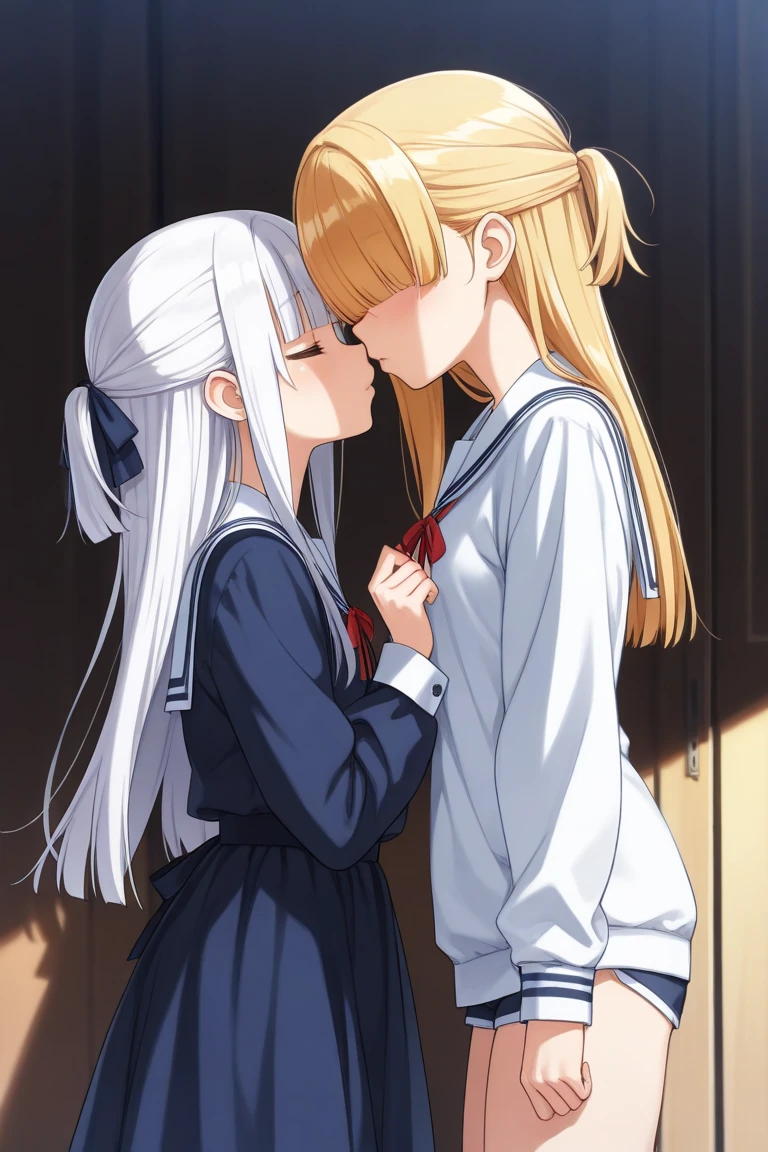 masterpiece,best quality,highly detailed,((blonde hair:1.2)),((white hair:1.2)),purple eyes,((long hair:1.2)),medium breasts,kiss,kissing,,2girls,yuri,((hug:1.2)),full-face blush,pleated skirt,