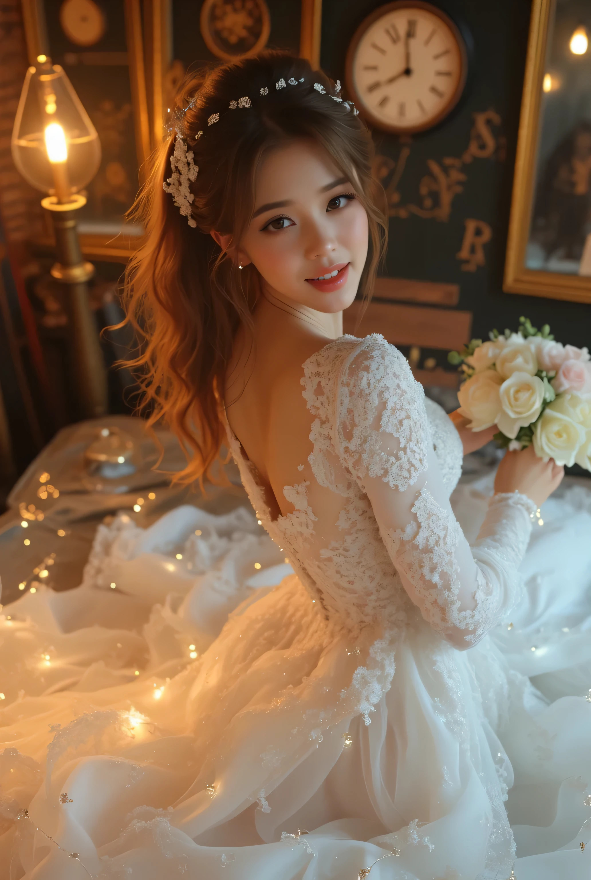 best quality , Super quality, 16k, Unbelievably Absurd, very detailed, lovely photo, delicate and dynamic, Kiri Reina female, seductive smile, pure white wedding dress , great style , bouquet, steampunk, DIESEL PUNK , clock punk , cyberpunk, Glitter effect, shining jewelry, golden magic lights at dress,1girl, orgasm pose at bed,