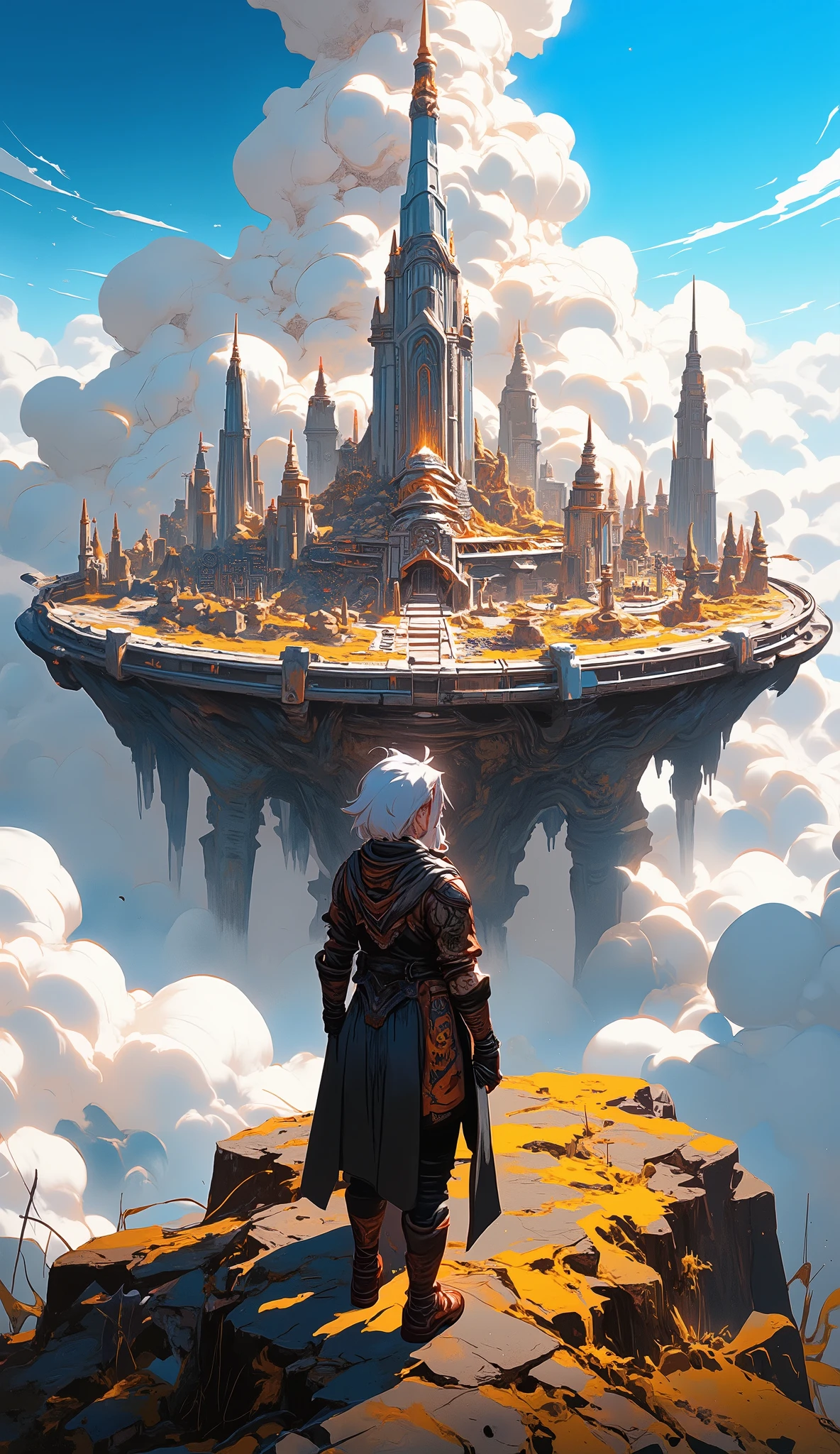 **Masterpiece, brush painting, anime art style with realistic brush painting, 4K wallpaper, 3D anime style, brush painting, extreme daletaile anime, artistic portrayal, realistic anime gradient brush painting, anime art style, makoto shinkai style, yellow orange and black color palette, high resolution, with detailed textures, elements, and objects, makoto shinkai inspired, artstation trending.**
**Ancient civilization, isekai of anime theme, urban landscape of an ancient civilization floating above the clouds, realistic clouds, circular ancient city surrounded by clouds, with clouds encircling an island city. anchient city, anchient texture, Beneath the island in the clouds lies a mountain. The circular island has shiny defense walls at its edges. In the center stands a towering skyscraper. The sky is bright blue, and the clouds are beautifully rendered with white gradients transitioning into grayish hues, painted artistically.**
**woman, A woman adventurer stands observing the ancient city above the clouds. They are wearing an intricately designed cloak adorned with tattoos, ornaments, and fantasy elements. Their boots and gloves feature engraved buckles, emphasizing a unique adventurous look. This person, mysterious and adventurous, is standing on a hill, relaxed, gazing at the cityscape.**
**Center point of Image View, The perspective of the image is captured from a high angle, giving a bird’s-eye view, composed thoughtfully using photographic techniques such as the rule of thirds, soft lighting, and natural lighting to highlight the scenery, shadow.**