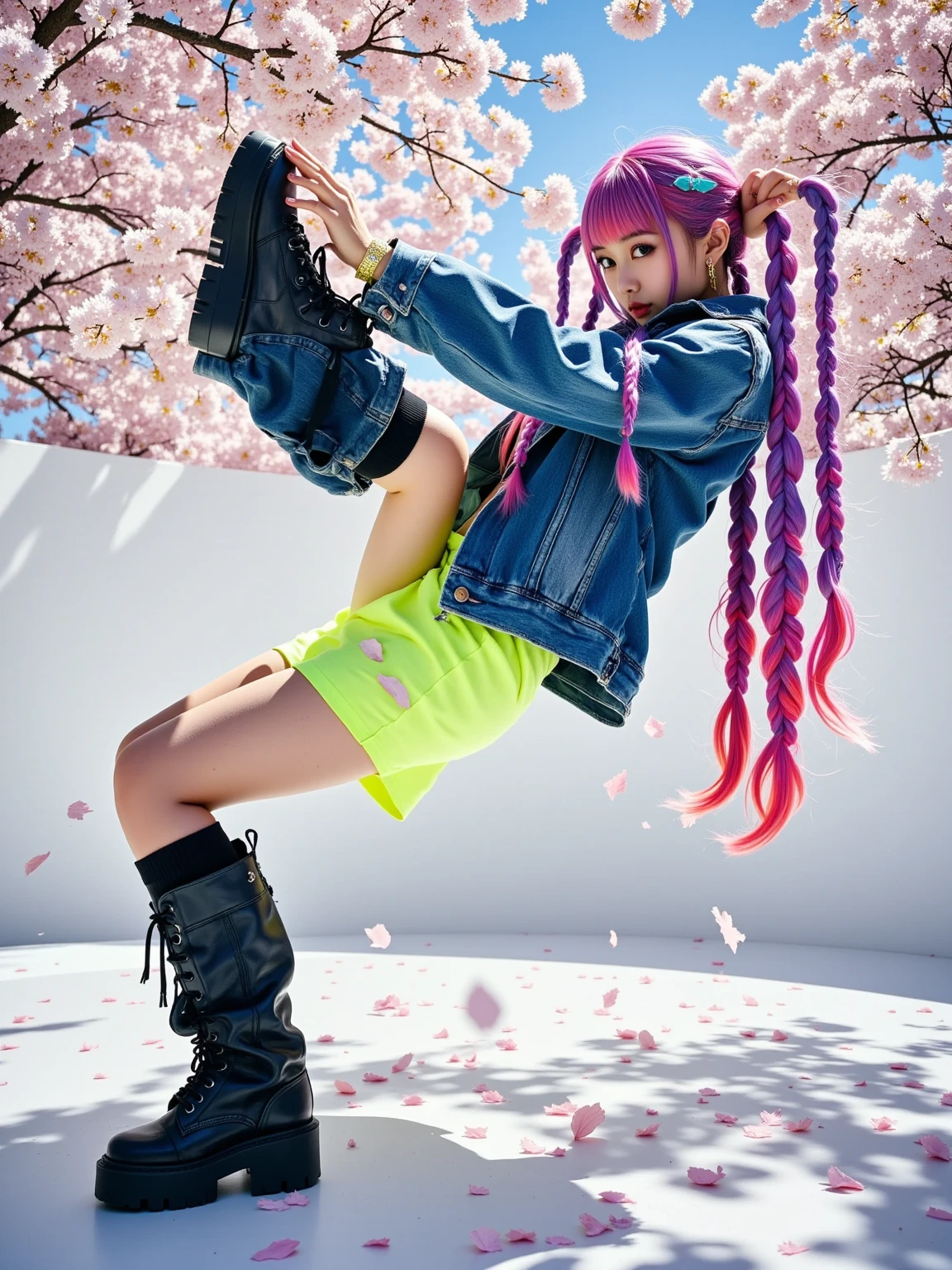 Masterpiece, best quality, (very detailed CG Unity 8k wallpaper) (best quality), (best illustration), best shadow, (a girl playing skateboarding: 1.3), 13 years old, cute, short white hair, cap, sweet cool, shiny details of the eyes, (color flight suit), fashion shorts, (color skateboard: 1.1), pink, yellow, blue, street, rock, (highest quality, amazing details: 1.25), (Solo), brilliant and colorful paintings