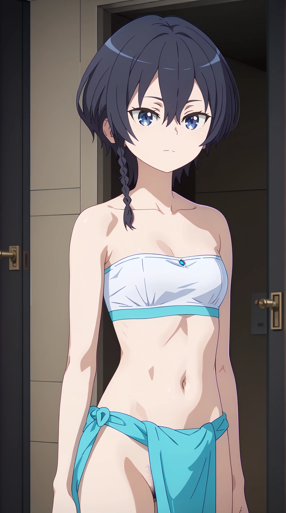 ((highest quality)),((very detailed)),masterpiece,Confused,detailed face,beautiful face,(fine eyes, Deep Eyes),(1 girl),((Dynamic pose)), Minase, 1 girl, alone, In underwear,white bra,thin waist,belly button,((white lace panties)),streak, thighs,blue eyes, troubled face, blush, looking at the viewer, side ponytail, blue hair, clavicle, bangs, Anime Coloring Book, ,cherry blossoms,garden,cowboy shot,