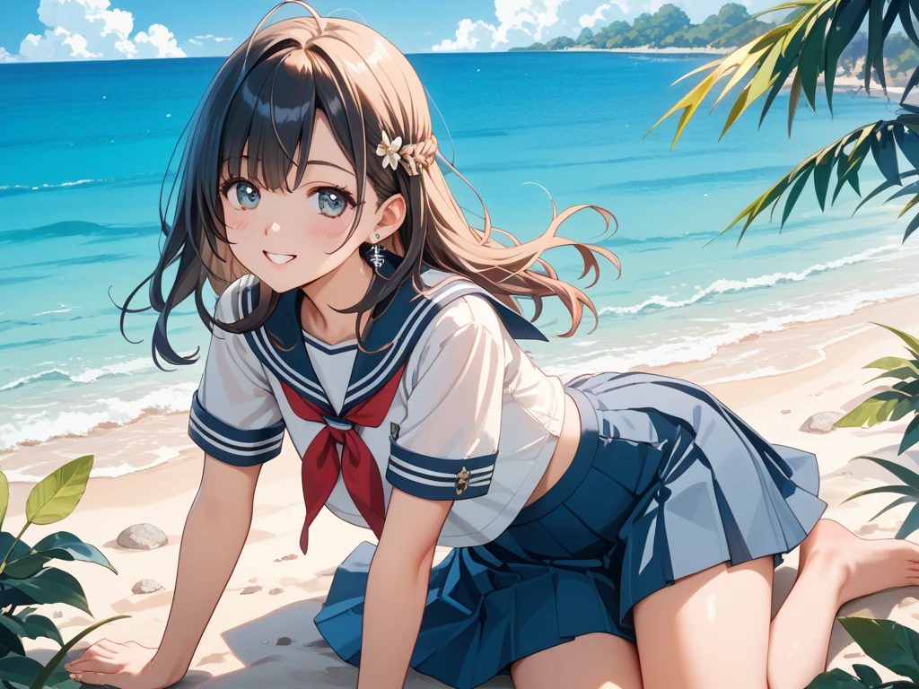 Highest quality、High resolution、Detailed Background、(Beautiful face in every detail:1.4)、Anatomically correct、(Normal number of fingers:1.2)、(Detailed eyes:1.2)、age beauty、Highly detailed face、(Huge breasts:1.2)、Attractive ass、Attractive thick thighs、Perfect body line、
Light color hair、Braided Ponytail、Braided bob cut、well-groomed eyebrows、(Short-sleeved white sailor suit、White sailor collar、Pleated skirt)、cute gesture、Sandy beach in clear weather、barefoot、Blushing、(underboob:1.2)、My clothes are wet and transparent、Panty shot、(Beautiful girl lying on the beach with a happy expression:1.5)、cute