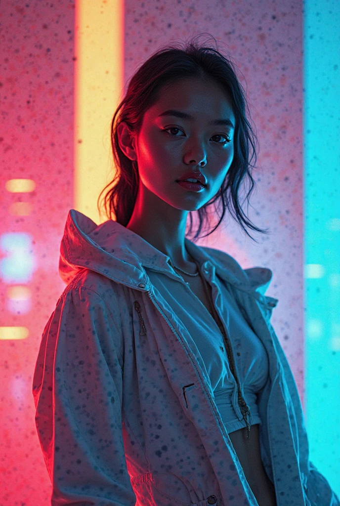 Top Quality, Masterpiece, High Resolution, 8k, (cute skinny barely legal girl ((((in oversized loose shiny puffer crop shirt with deep cleavage, deep neckline)))) and tight leggings, ((small perky breasts)), beautiful detailed eyes, beautiful detailed lips, small closed mouth, extremely detailed face, pale skin, random long hair style, small hips, some tattoos), (((in cyberpunk apartment, random pose next to a couch))), moody atmosphere, random neon colors, futuristic setting, intricate details, at night, backlit, full body shot