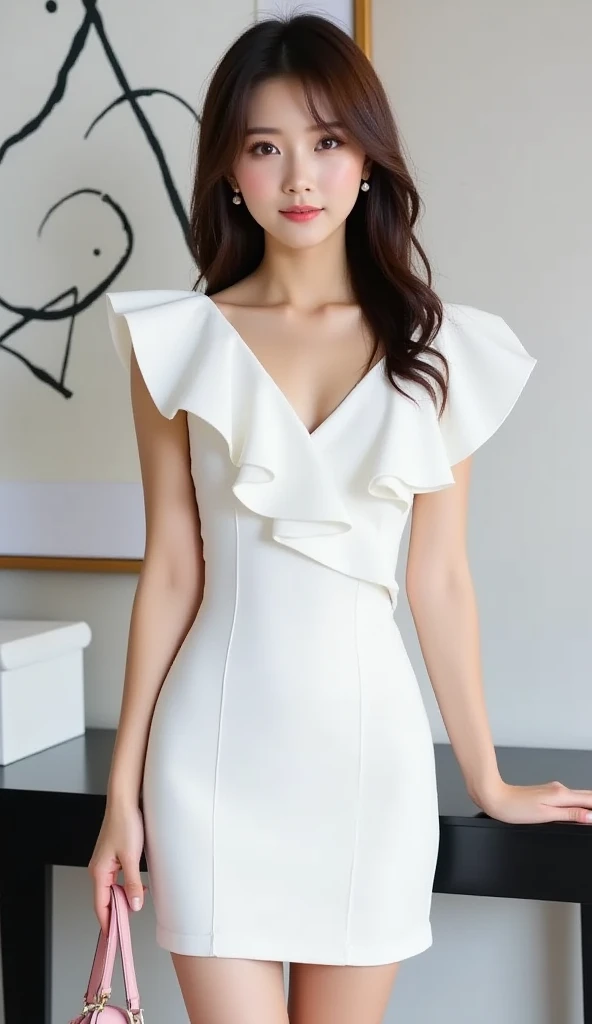 1girl, highly detailed face, long-shaped and narrowed eyes:1.2, small pupil, 30 years old, light smile, teeth, dynamic pose,  , best quality, sleeveless dress, selfie, smartphone, <lora:kaitoaiko_lora-06:0.7>,