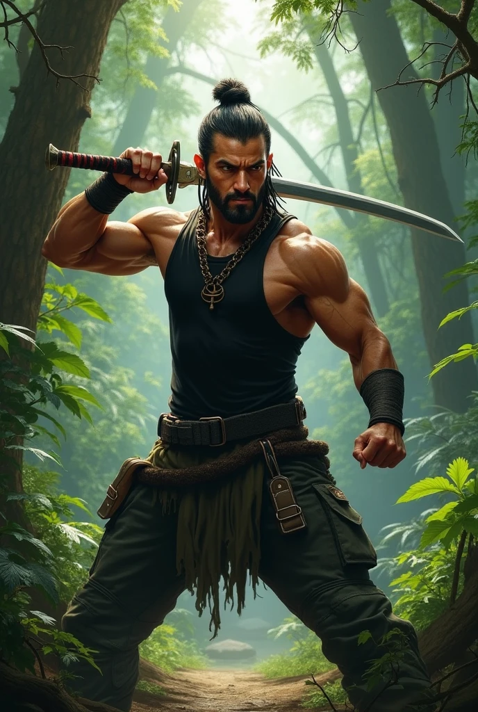 A PNG man wearing a army green jean holding a stone axe, standing in the middle of the tropical rainforest has a tattoo on his chest name LAPUN, has a smoldering looks, has a PNG hair