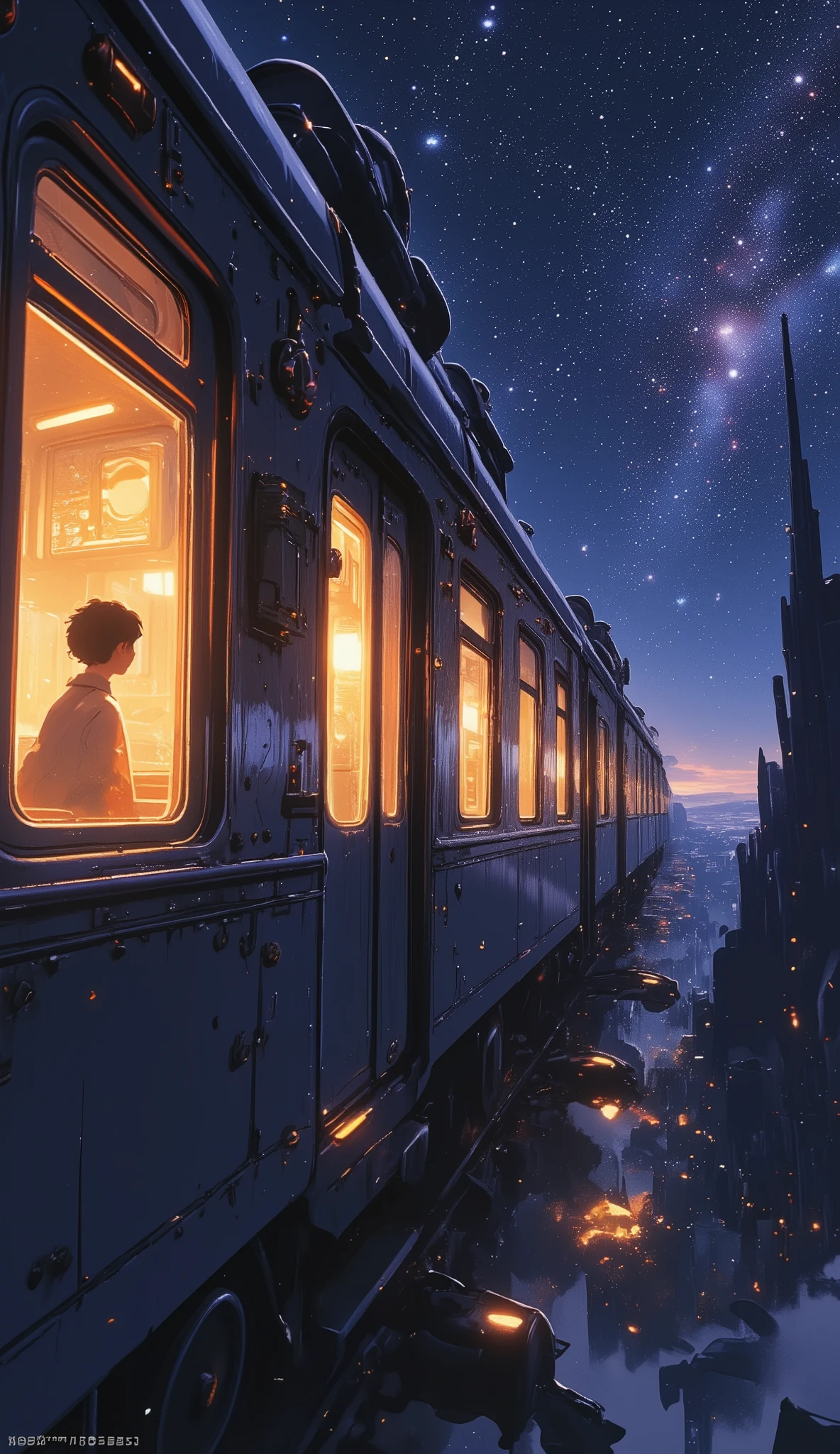 Galaxy Express 999, a masterpiece by Leiji Matsumoto, passenger cars pulled by a steam locomotive traveling through space, a train traveling through space without tracks, an interplanetary express train, an interplanetary immigrant looking out the window in a passenger cabin