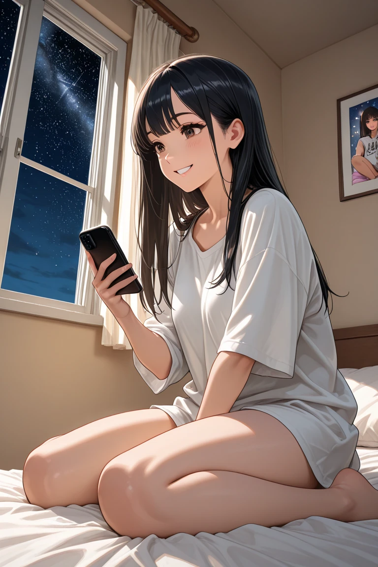 (high quality, 8k, 4K, High Contrast, masterpiece:1.2, 最high quality, Best aesthetics), ((1 female)), Black Hair, ponytail, Long sleeve T-shirt, T-shirt with illustrations printed on it, hot pants, Beautiful thighs, Sitting on the bed, Addicted to smartphone screens, Soft Light, Luminous pupils, A kind smile, smile, In the bedroom, Pillows and sheets, Best night, Hand holding a smartphone, Perfect hands, Fine image,