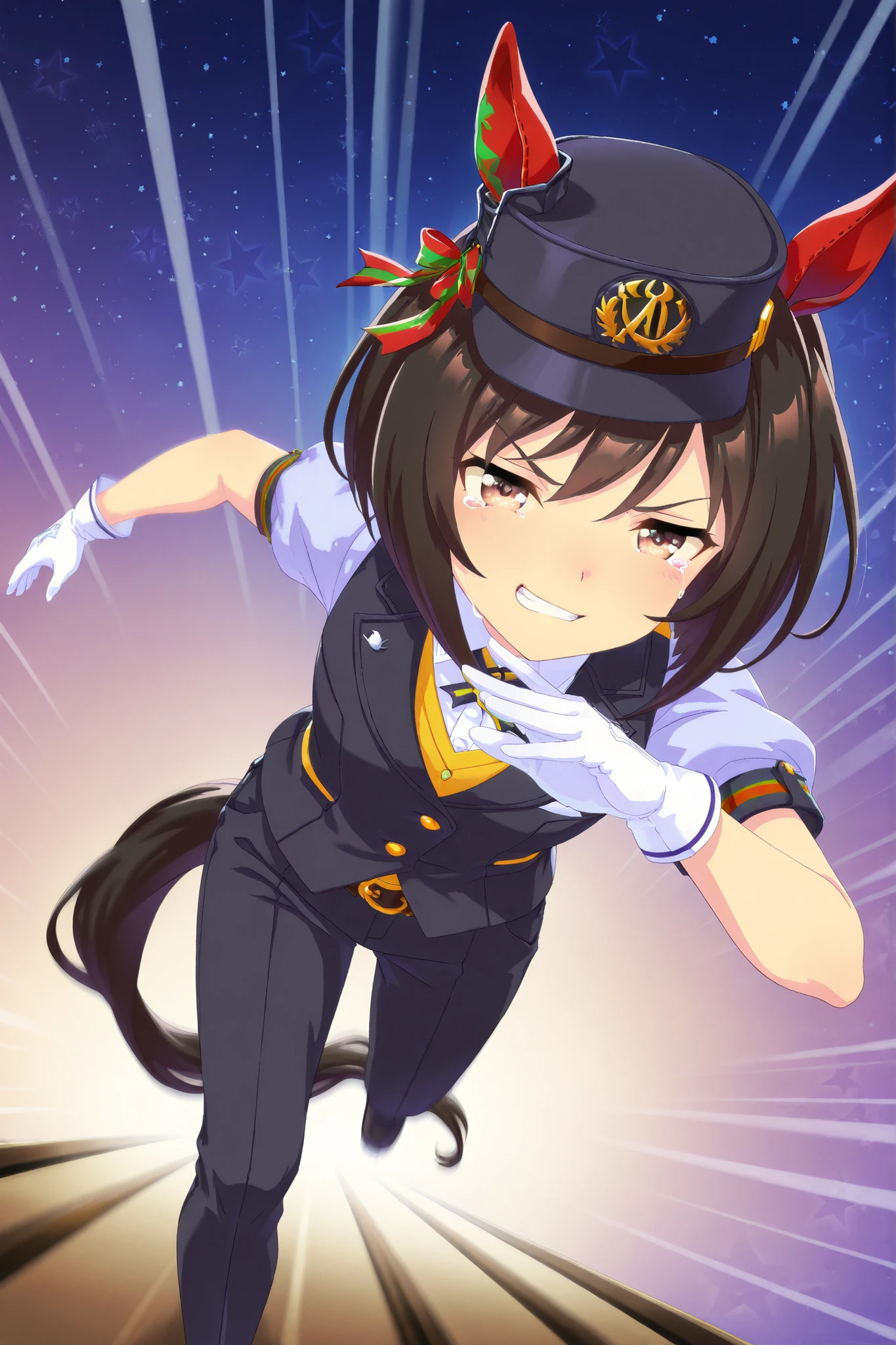Solo,anime style,Dutch angle,Looking ahead,starry background,((dynamic pose,running on the Rail,motion blur)),red ear cover,BLACK HAIR SHORT BOB,brown eyes,railway peaks cap,lapel vest suit,White gloves,smug,happy tears,clenched teeth,umamusume,digital art