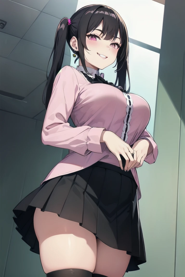 2d, masterpiece, best quality, anime, very detailed, cowboy shooting, 1girl, solo, kaguya shina shina shōnomiya, red eyes, black hair, headband, red ribbon, school uniform, short skirt, long sleeves, small breasts, standing, indoor, hallway, smile, (((thighs hanging with used condoms, a whole bunch of open condoms, all on the ground, nuns)))), all on the ground ((sweat flush,, bite the condom, holding a condom, after use the condom hanging on the chest and leg strap)) at the door