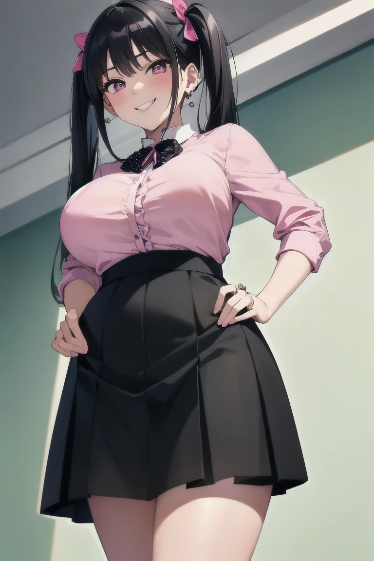 (masterpiece, best quality:1.2),2D, anime, Anime art, line art , watercolor,loli,
BREAK
1 girl , (large breasts:1.6),(plump body type:1.2),(chubby body type:1.2)
BREAK
(twintails),(black hair),
BREAK
(lace collar), (heart o-ring, heart ring), (puff sleeve blouse), (pink blouse:1.6), (high waist flared skirt), (black skirt:1.6), (black socks with lace trim), (platform lace up boots),(jirai kei fashion), (gothic lolita fashion),earrings,(polka dot panties)
BREAK
(seductive smile),(evil smile),smirk,(naughty face),(seductive smile),tareme,
BREAK
(hands on own breasts:1.6),(from below:1.6), (look at viewer), (looking down:1.6),