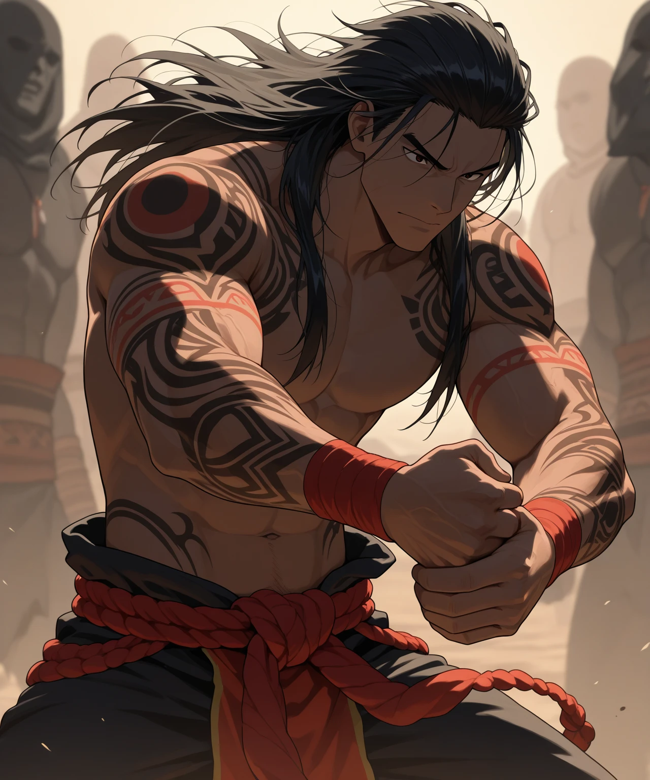 Realistic,Hot muscular Male concubine in the Han dynasty on his knees with legs spread apart, wearing ancient revealing Chinese dress with long hair and masculine features.Battle scars and huge out