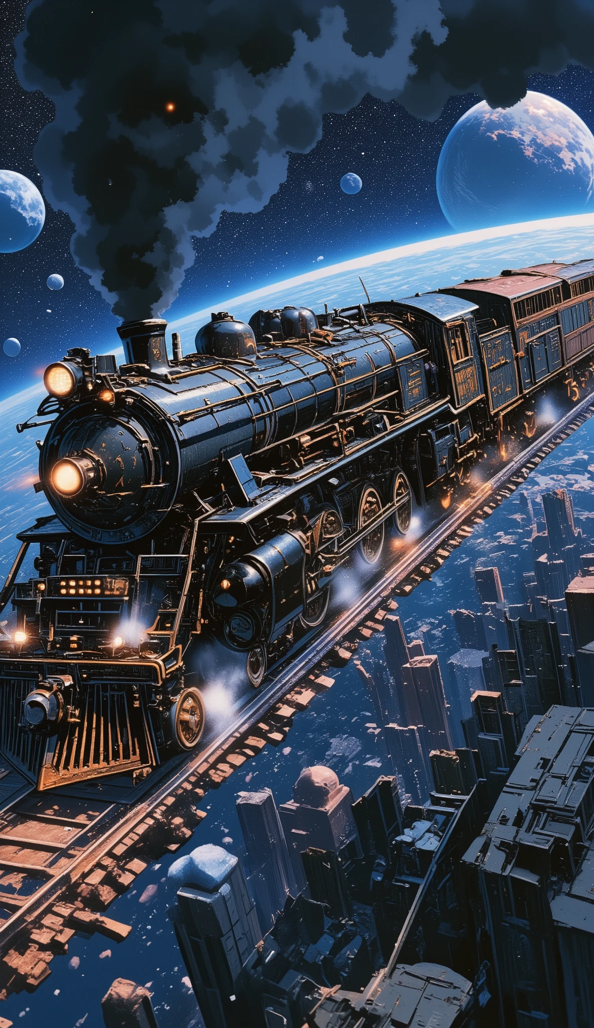 Galaxy Express 999, a masterpiece by Leiji Matsumoto, passenger cars pulled by a steam locomotive traveling through space, a train traveling through space without tracks, an interplanetary express train