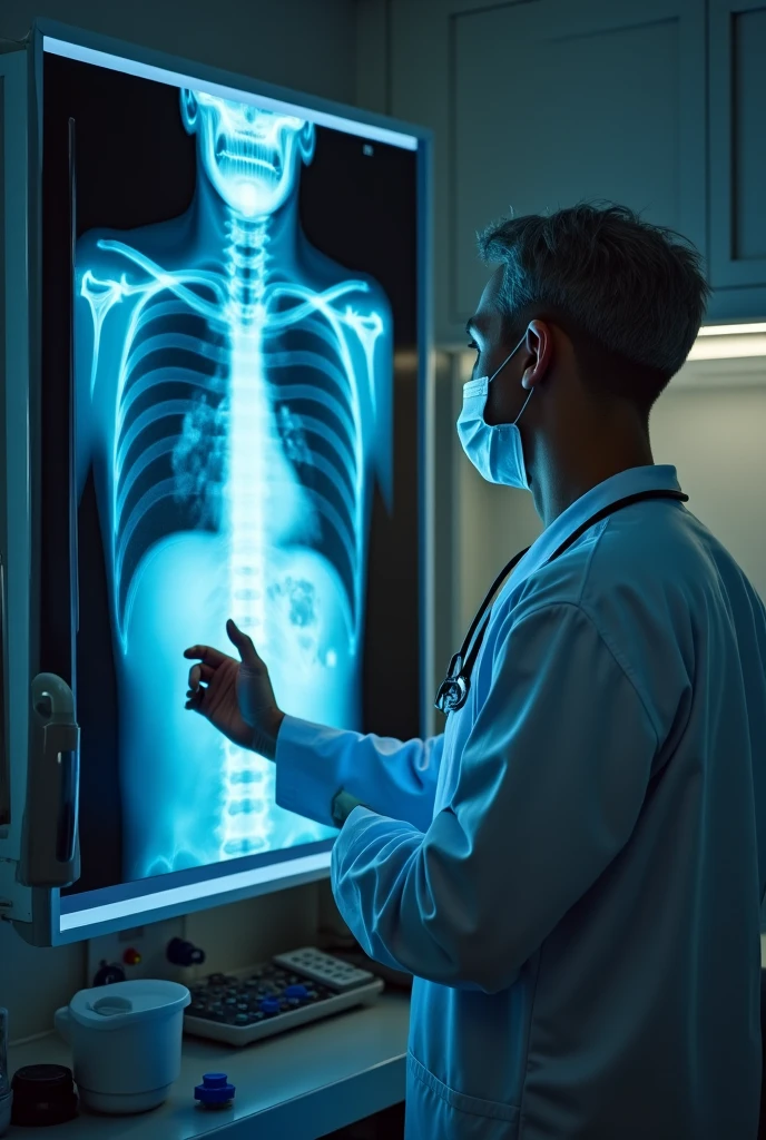 Photo of doctor holding x-ray of lungs with pneumonia, Don't show the face of a doctor, hands only