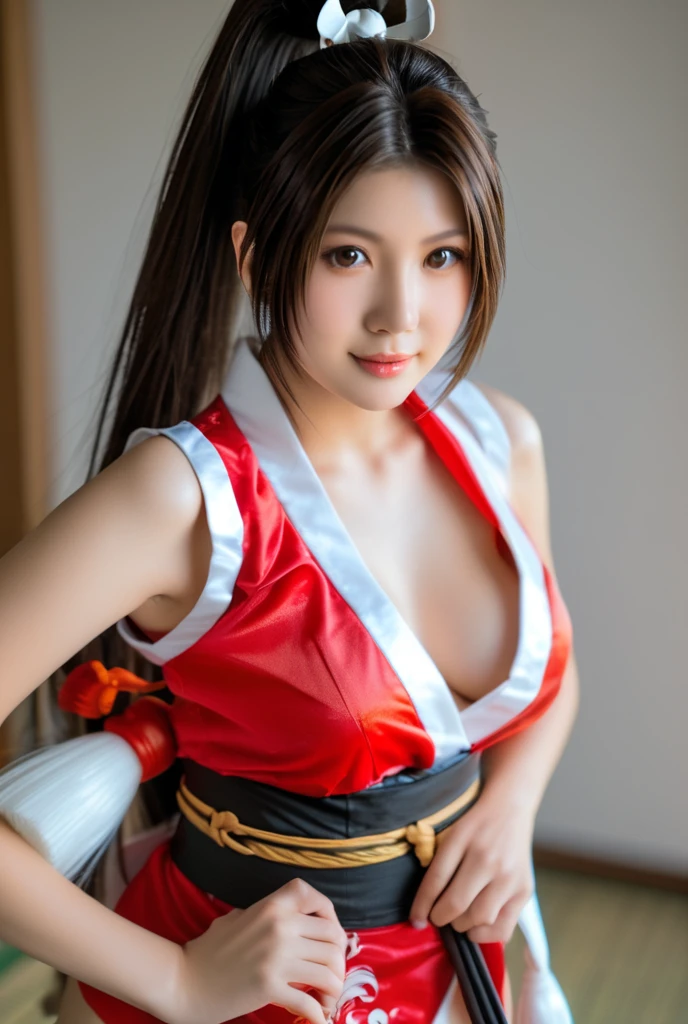 (mai shiranui:1.6), (tabi:2.0), (toe:1.2), (Full body portrait:1.2), Full body, (Realism), (masutepiece:1.2), (Best Quality), (ultra-detailliert:1.2), (8K, 4K, Convoluted), (Flat Lighting:1.2), (skinny), Prestige, Brown eyes, Long hair, brown eyes, long hair, brown hair, white ribbon, sleeveless, ponytail, sash, pelvic curtain, arm guards, gloves, tabi, fascinated expression, Sexy eyes, slim, medium breasts, Smile, Cute, view the viewer, Long hair, Close to Japan temple, (breasts focus:1.2), (Realistic:1.2), (Full Shot: 1.2), (85 mm), light Particle, Lighting, (Highly detailed:1.2), (Detailed face:1.2), (gradients), SFV, Colorful, (Detailed eyes:1.2), (Detailed temples of Japan: 1.2),(Detailed background), (Dynamic Angle:1.2), (Line of action:1.2), Wide Shot, Daylight, Solo.