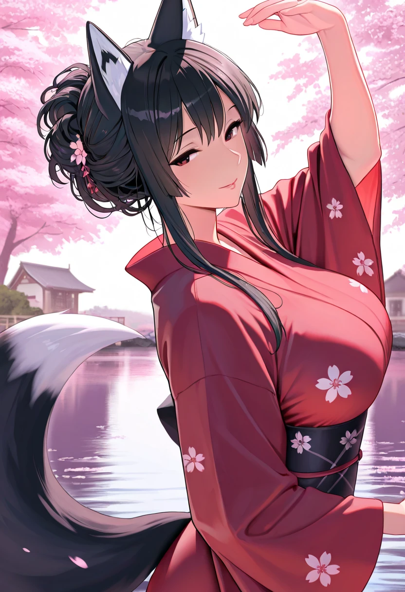 ((Highest quality, 8k, masterpiece: 1.3)), One person, She has a cat-like appearance, large breasts, and wears a kimono.、She is making a cute pose while facing a traditional Japanese town.