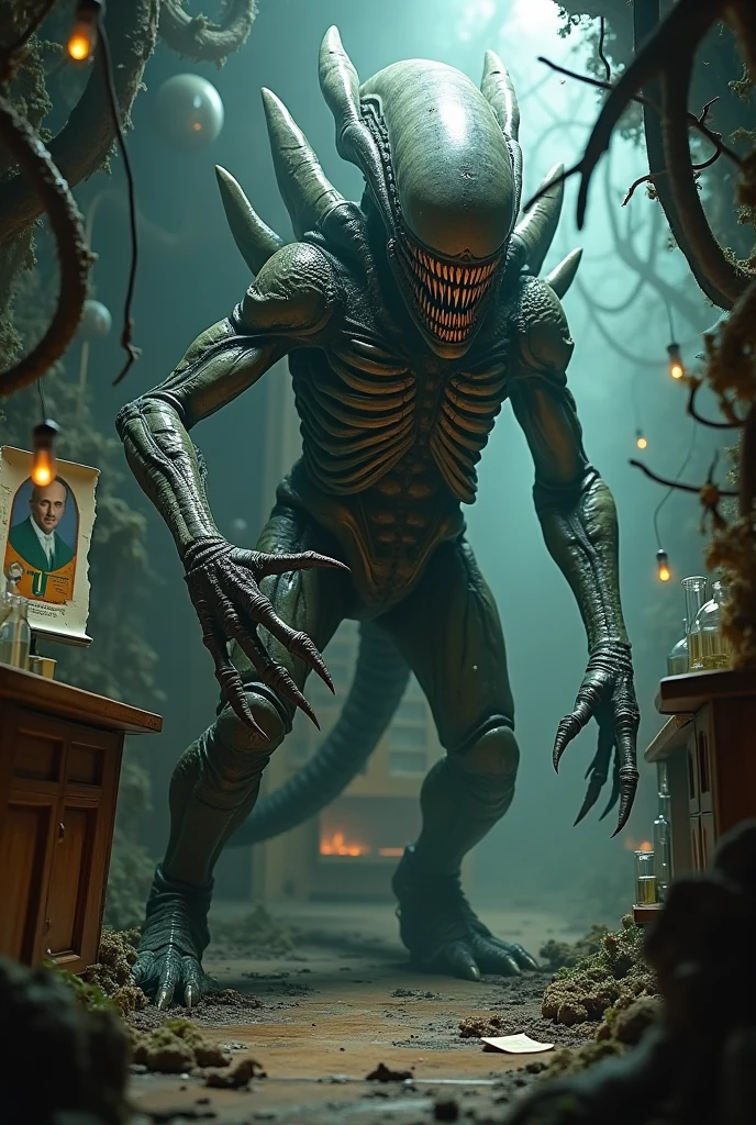 Create an image of a xenomorph in Churcof the Bogota City .