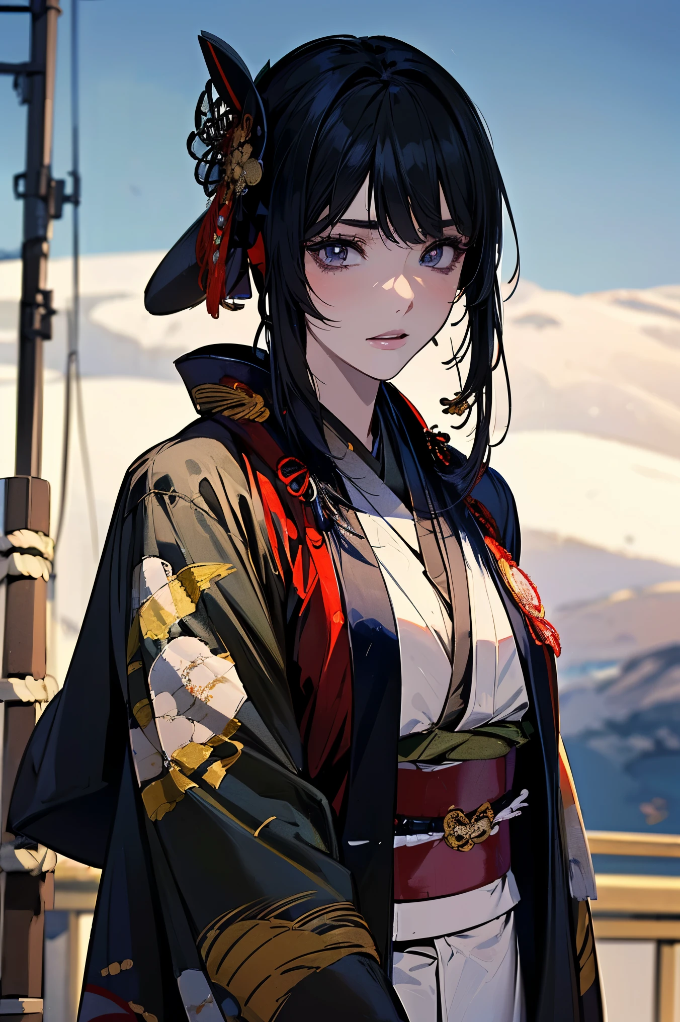 (masterpiece:1.5),beautiful hair,beautiful eyes,beautiful lips,Beautiful slender body,(Konno Anna:1.2),(Riho Yoshioka:1.1),(random expression:1.3),(Mountains in the background:1.4),bust illustration from the front ,Cleavage,((((An Extraordinary Beauty:1.7)))),(((( kimono,military jacket,Taisho Romance:1.5)))),((19-year-old single woman holding a fish in her hand:1.1)),(anatomically correct hand depicted accurately:1.1)dark hair,long lashes,Three-dimensional, jewel-like eyes,Very delicate and beautiful CG,2. 5D illustration, anatomically accurate body, (Extremely precise illustrations:1.1),(Outdoors:1.4), (wallpaper:1.4),8k