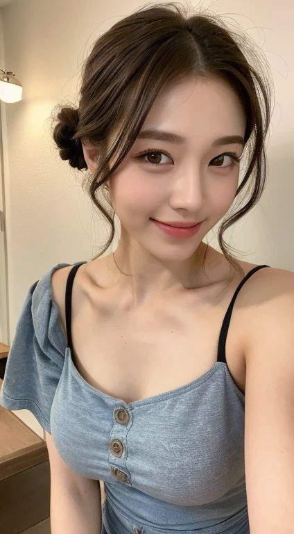 ((top-quality、8K、masterpiece:1.3))、1girl in、Slim Abs Beauty:1.3、(Casual Hairstyles、huge tit:1.2)、doress:1.1、ultra beautiful faces、Delicat eyes、double eyelid、a smile、Pink tank top