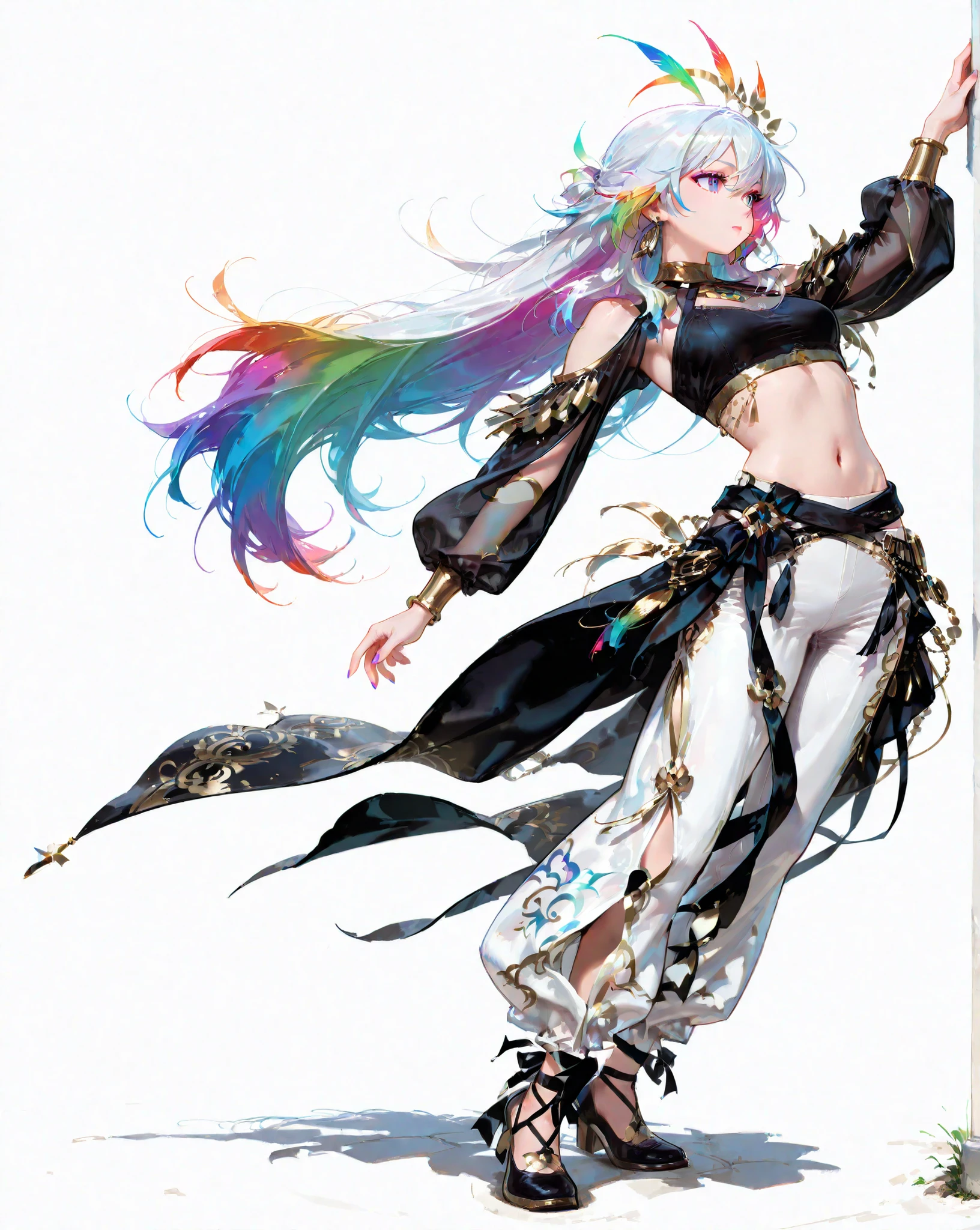 great details、high image quality、simple background、full body、 Hair Color Random 、Colorful、arabian、white pants
