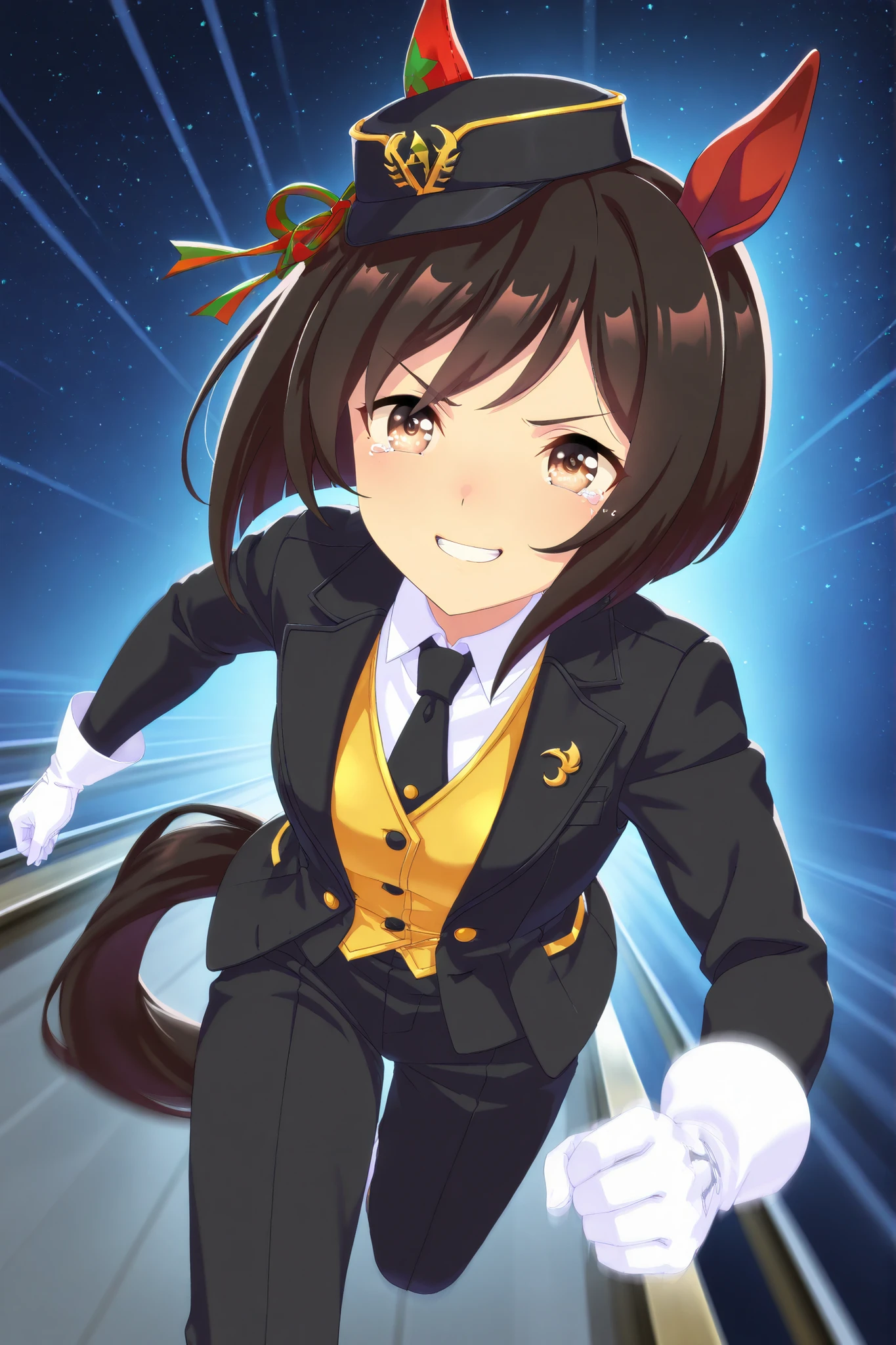 Solo,anime style,Dutch angle,Looking ahead,starry background,((dynamic pose,running on the Rail,motion blur)),red ear cover,BLACK HAIR SHORT BOB,brown eyes,railway peaks cap,lapel vest suit,White gloves,smile,happy tears,clenched teeth,umamusume,digital art