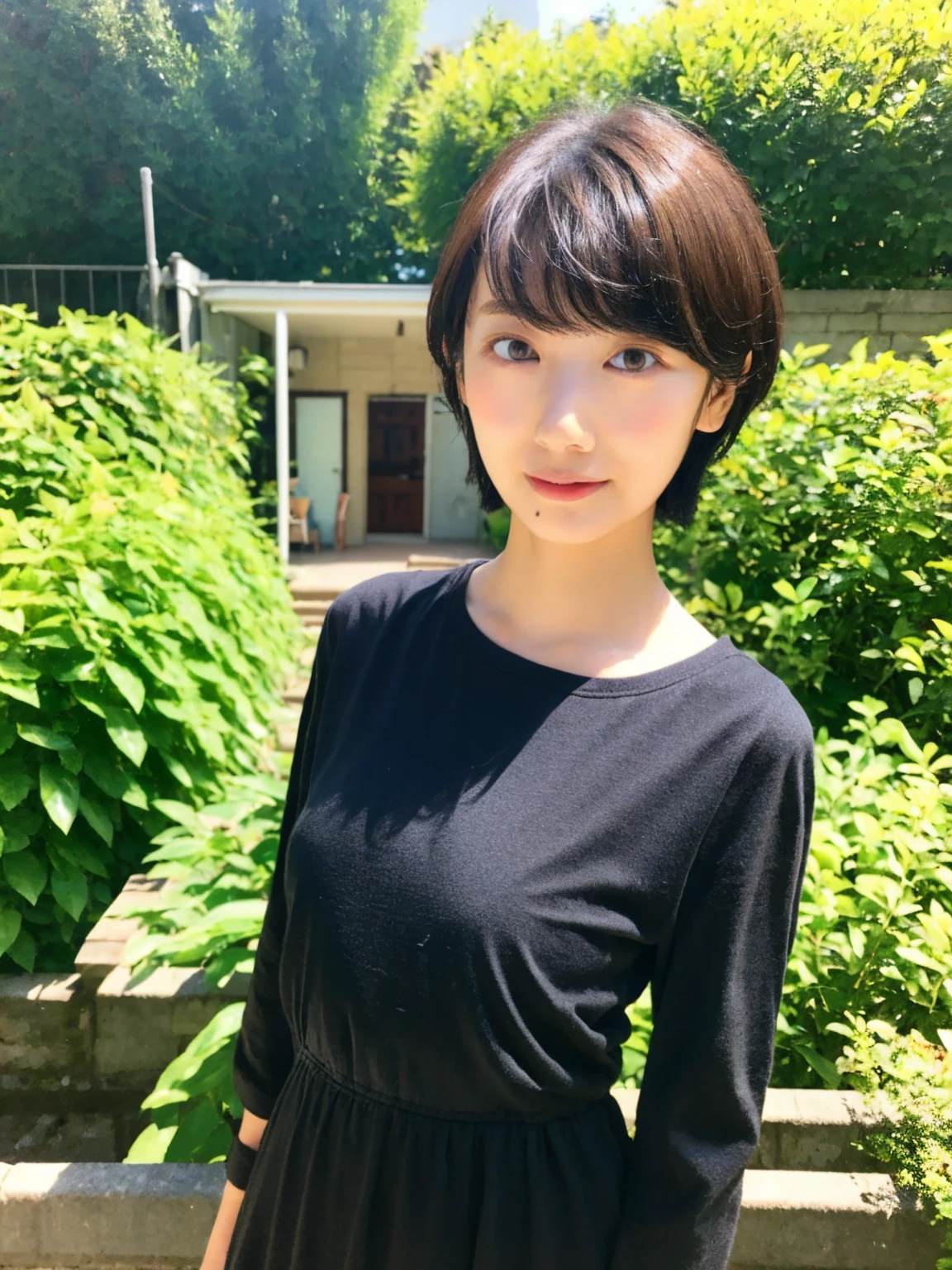 A Japanese Lady, look at viewr, ((very Short hair)), ((skinny:1.3)), 27-years old . day, Outdoors, Post-apocalypse, Ruins,, full body, ((see-through white t-shirt)),