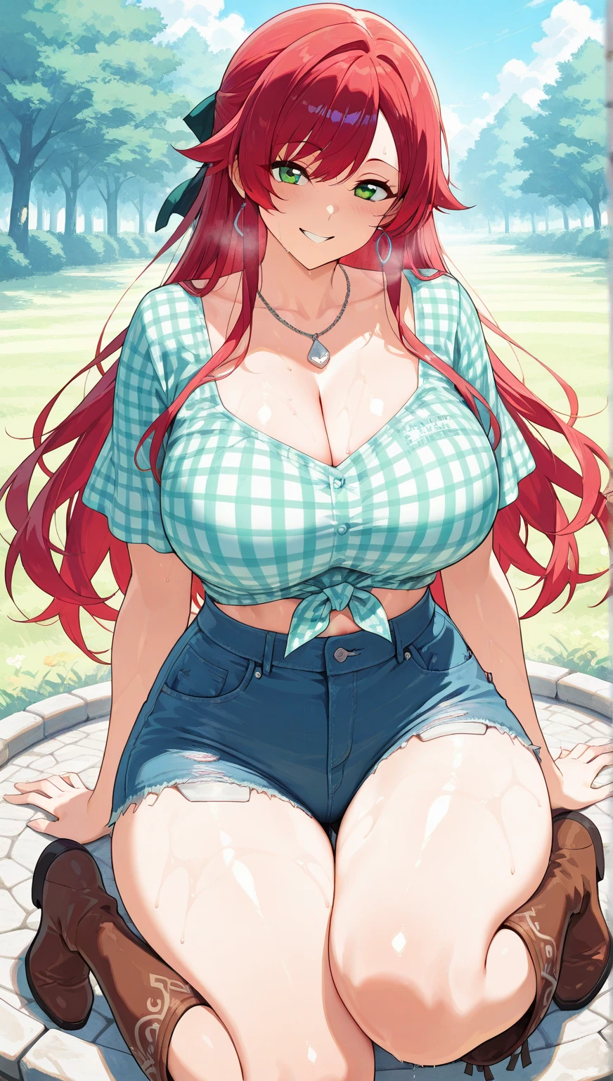((Red hair)), green eyes, long hair up to half, huge bust, ((full lips)), ((masterpiece)), ((detailed)), ((Topless)), ((denim shorts)), ((Best Quality)), ((garden)), huge breasts, ((bright)), (pretty eyes), looking away, huge tits, squeezing her breasts with her hands