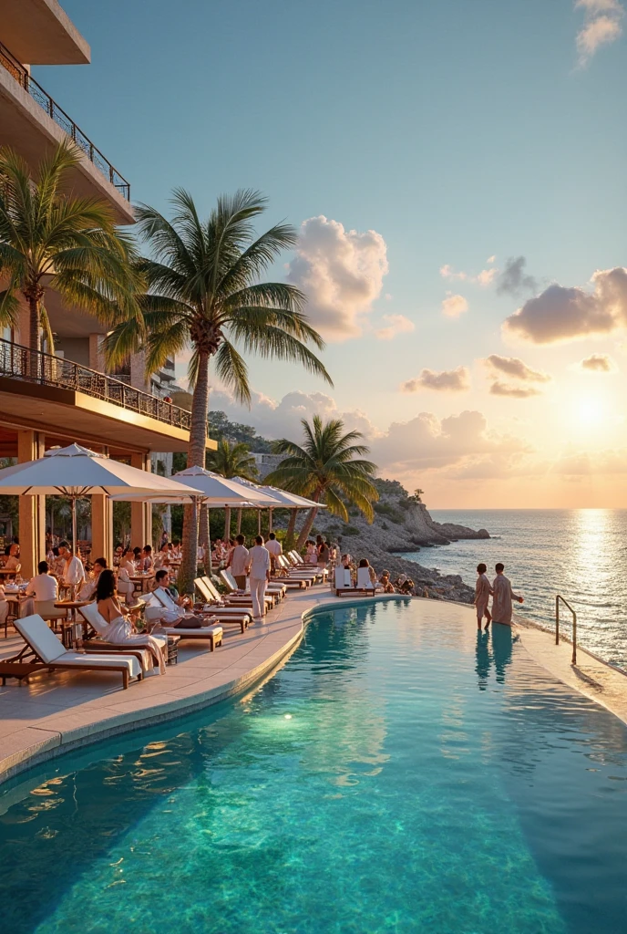 (Pool parties), Pixar style, Water splashes in the pool, people playing in the water, music DJ playing dynamic music, cocktails and beach chairs by the pool, full body, (Photography), panoramic view, award-winning, cinematic still, emotional, vignette, dynamic, vivid, (masterpiece, best quality, Professional, perfect composition, very aesthetic, absurdres, ultra-detailed, intricate details:1.3)
