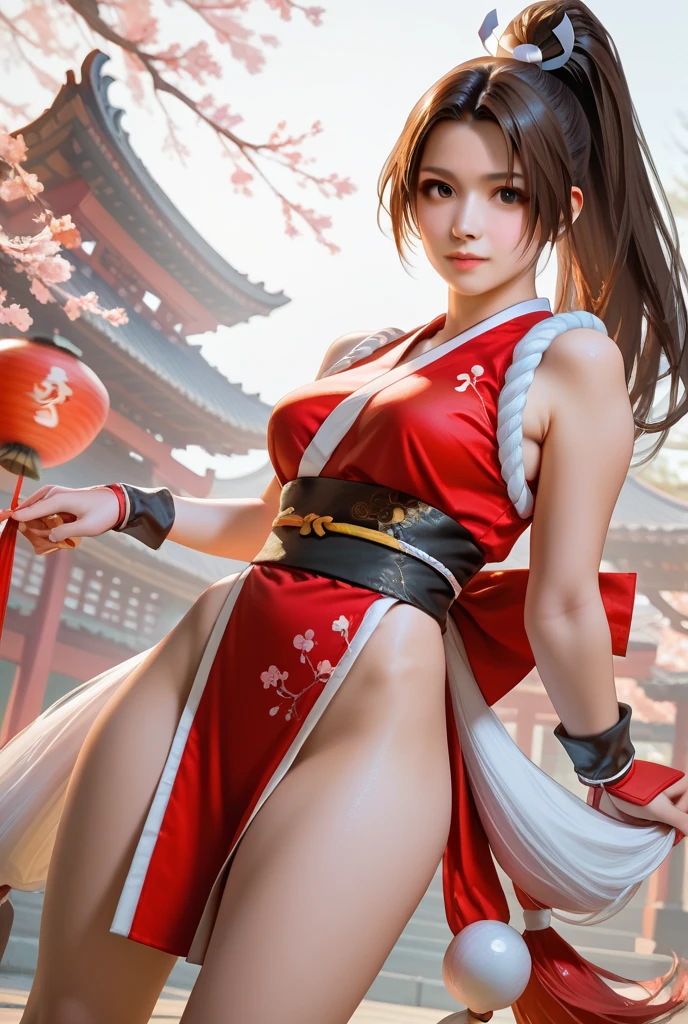 Japanese Beauty,Cherry Blossoms,Petals are just beginning to fall, 、In the distance is Mt. Fuji, (((y姿势的杰作))), ((best quality)), ((complicated)), ((Surrealism)), Matman, Mature wo Very detailed, shape, mai Shiranui, ((Huge breasts)), Perfds, Finger details, beautiful eyes, ponytail,Brown eyes, (mai Shiranui suits:1.2), earrings, Long detailed background, Perfect eyes, Charming eyes, Looking at the audience, Rosy cheeks,Sexy,Cleavage,cute,Smibeautmountain,Thin waist,beauty的腰部,Long legs