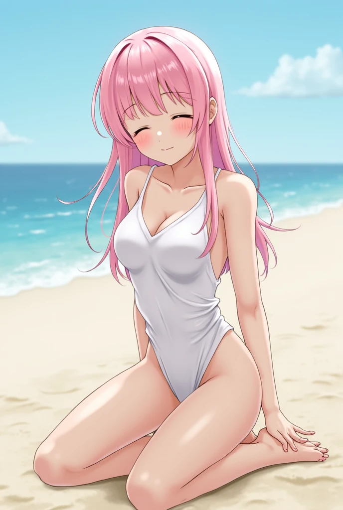 A girl with straight and messy pink hair naked and standing on a beach with a mischievous smile
