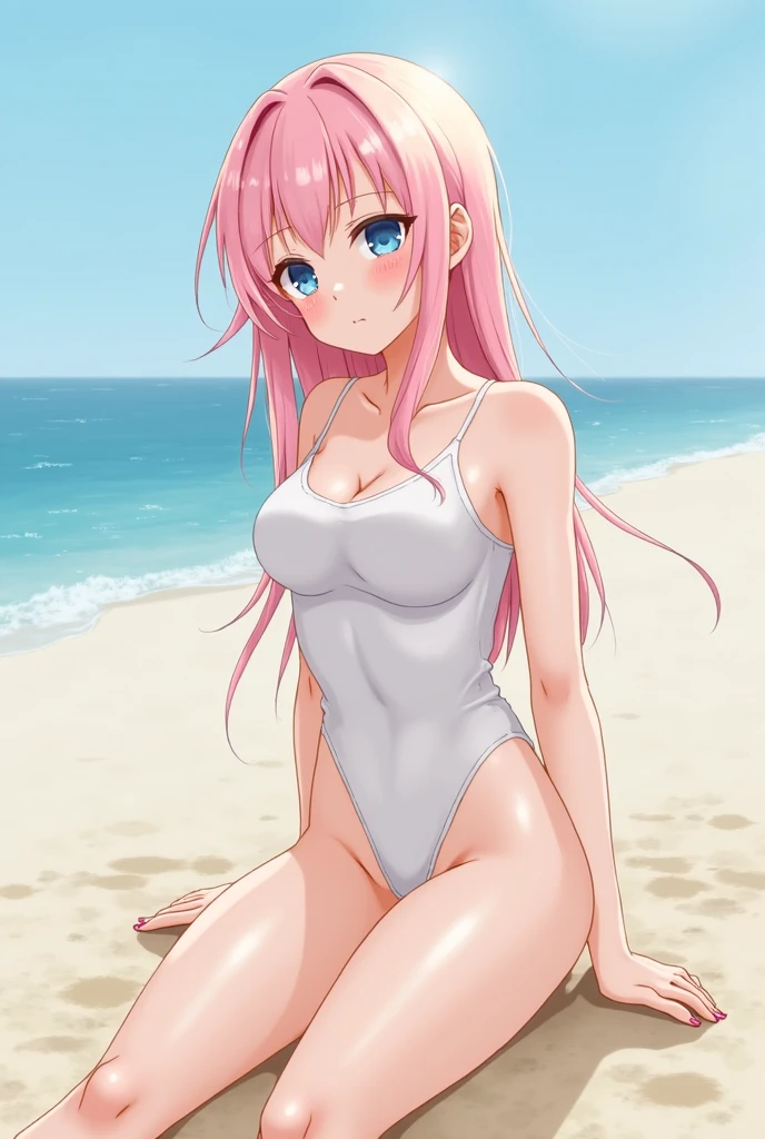 zero two, medium  breasm legs, sunny day, Beach, leaning, beautiful eyes, green eyes, nervous