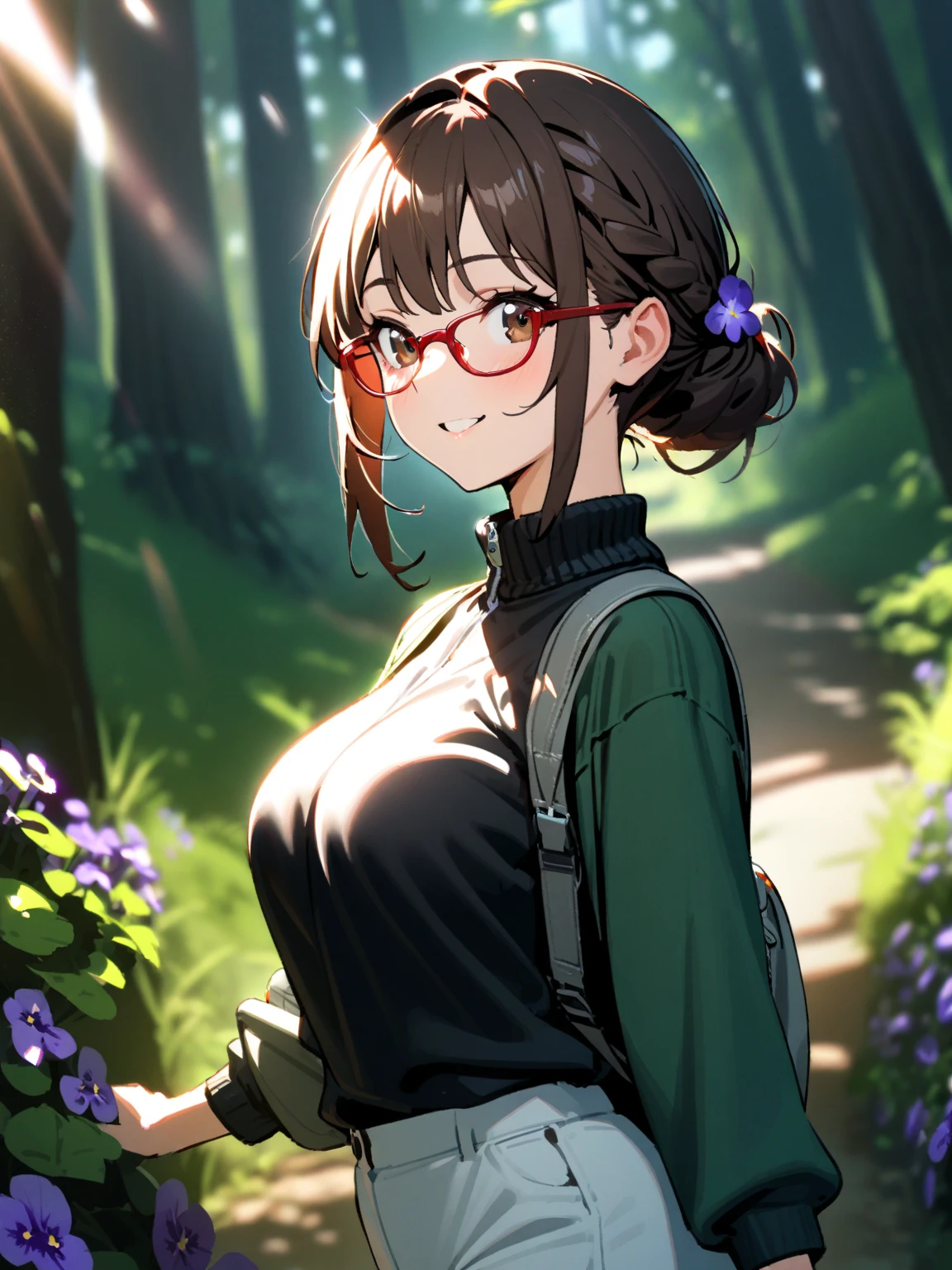 1girl,alone,,( 4k detailed), (masterpiece), (ultra quality), (ultra detailed), (best illustration), (best shadow), (extremely detailed), (absurdities), (detailed background) , alone, long hair,  turtleneck, smile, under-rimmed glasses, black hair, bare shoulders, brown hair, antenna hair, sleeveless turtleneck, big beasts, green eyes, green sweater, looking at viewer, head on, focus on breasts, pov (front view), innocent smile, blush, outdoors, night, sexy body, sexy posture, perfect anatomy, perfect hands