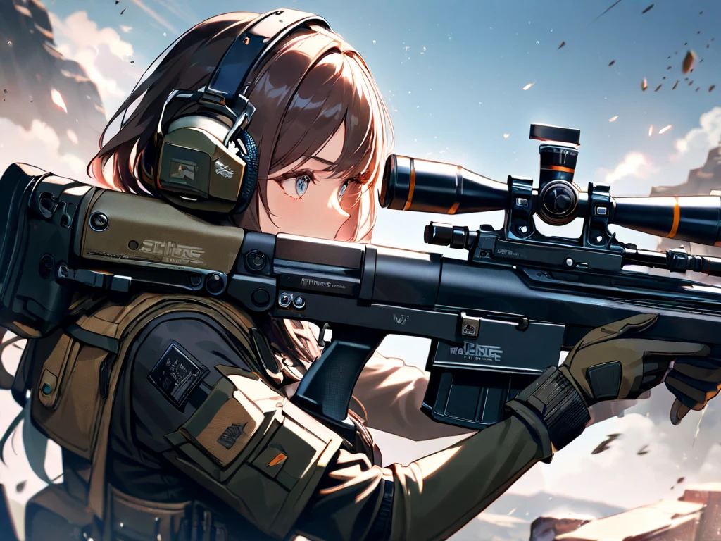 masterpiece, best quality, ultra detailed. 1girl. solo. soldiers. sniper. sniper rifle