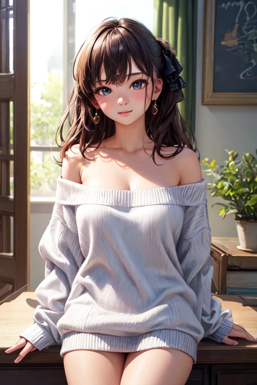 ((best quality)), ((masterpiece)), (detailed), 1girl, off-shoulder sweater, Naked