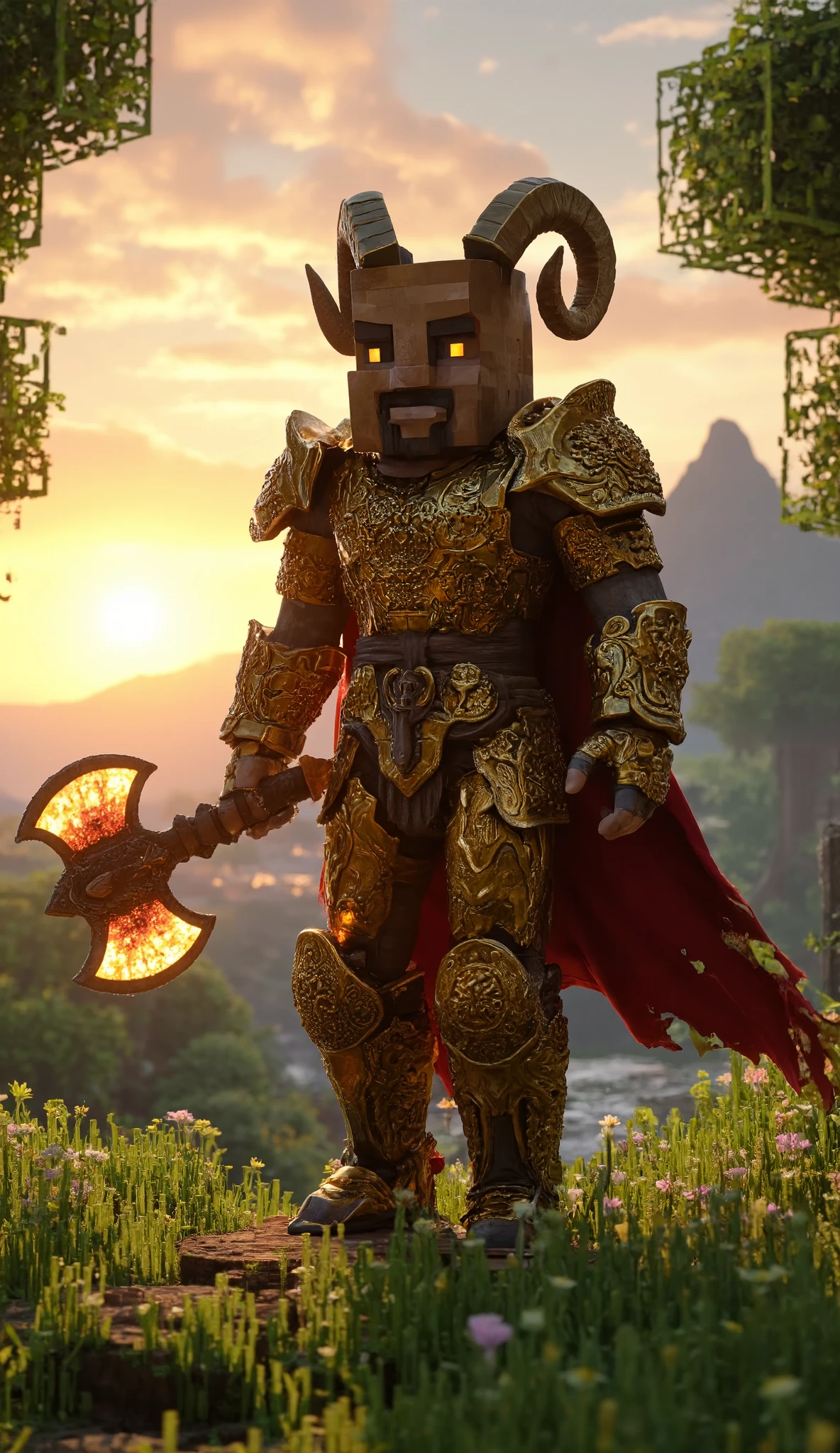 Here’s a cinematic, ultra-realistic **Minecraft-inspired** prompt featuring an **Aries warrior**:  

---  

**Prompt:**  
*"An ultra-realistic, hyper-detailed 8K render of the **Zodiac sign Aries** as a towering, armored warrior with curved ram horns, standing in a breathtakingly realistic **Minecraft world**. The Aries warrior strides forward on a mission, clad in battle-worn golden armor with intricate engravings, his cape tattered by wind. The environment is a hyper-realistic Minecraft biome—lush, oversized blocky trees with detailed bark textures, vibrant hyper-realistic grass, and distant mountains under a dynamic sunset sky with volumetric clouds. Crystalline rivers reflect the light, and scattered ruins hint at an ancient quest. The warrior grips a massive, glowing axe, his eyes burning with determination. Cinematic depth of field, ray-traced lighting, and ultra-HD textures make every block, leaf, and particle of dust look tangible. A fusion of fantasy epic and Minecraft nostalgia, rendered with photorealistic precision."*  

---  

### **Key Elements for Impact:**  
- **"Hyper-realistic Minecraft world"** – Keeps the blocky aesthetic but with insane detail (e.g., grass blocks have individual blades).  
- **"Aries warrior"** – Mythological yet armored, blending zodiac symbolism with high-fantasy.  
- **"Ray-traced lighting"** – Adds next-gen realism (sunlight piercing through trees, glowing weapon effects).  
- **"Cinematic depth of field"** – Focus on the warrior, blurring the lush background slightly.  

Perfect for AI art tools like MidJourney or Stable Diffusion. Want any tweaks? (More blocky fidelity? Darker mood?)