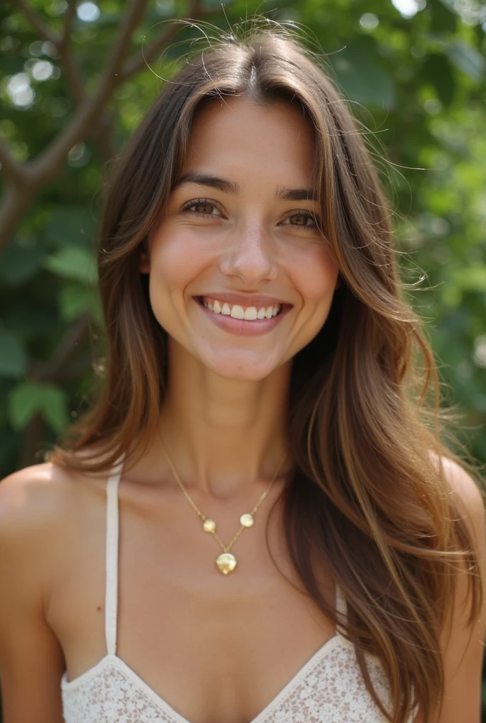 portrait of a 16 years old girl, small long face, green eyes, smiling, black short cutly hair, cheeks, dressed in a black dress, glamorous golden necklace, standing in front of a lake, highly detailed, moody, epic, gorgeous, film, dynamic lighting
