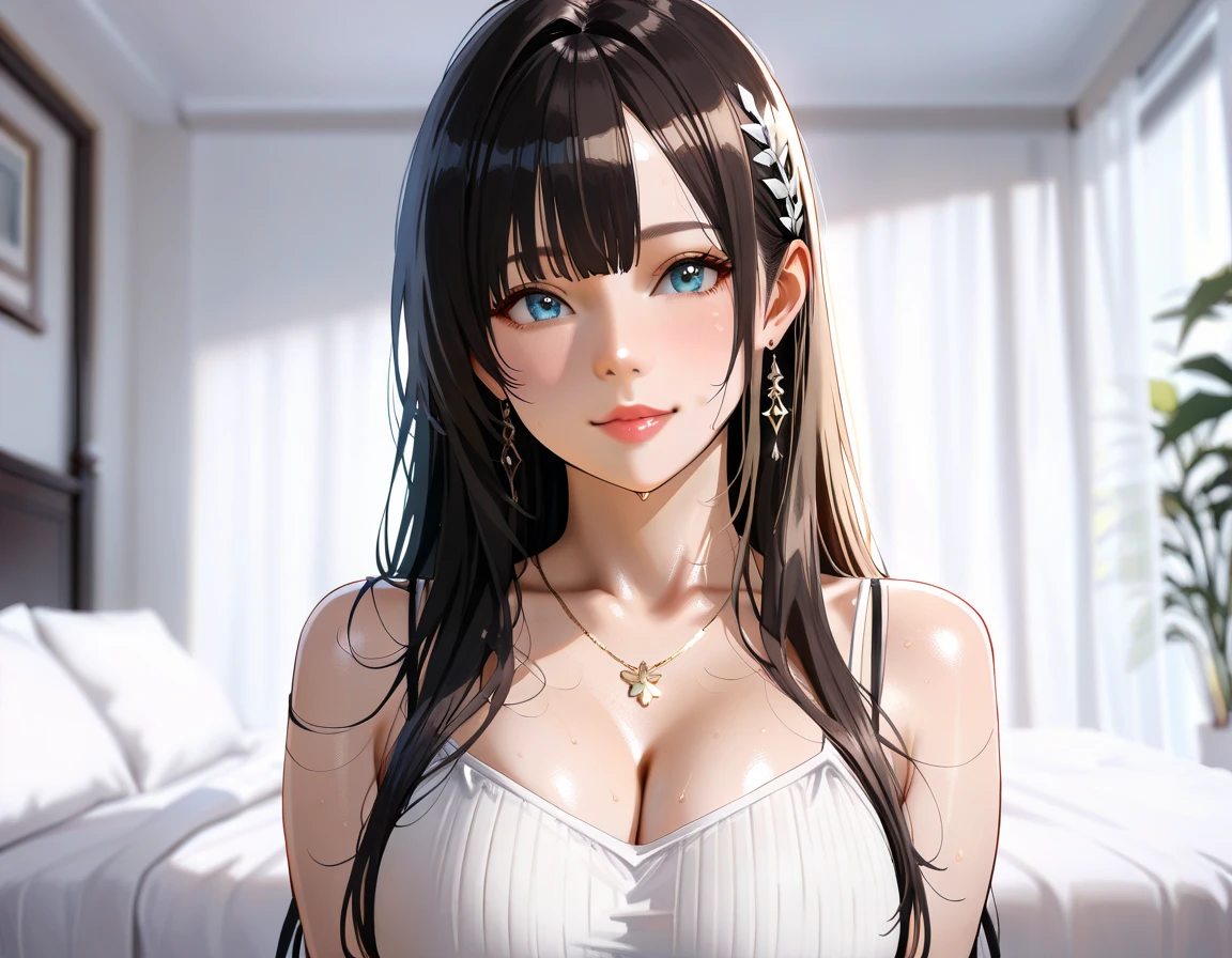 girl with long black hair, large breasts, taking a selfie,(best quality,4k,8k,highres,masterpiece:1.2),ultra-detailed,(realistic,photorealistic,photo-realistic:1.37),extremely detailed face and eyes, fulportrait, seductive pose, studio lighting, natural lighting,