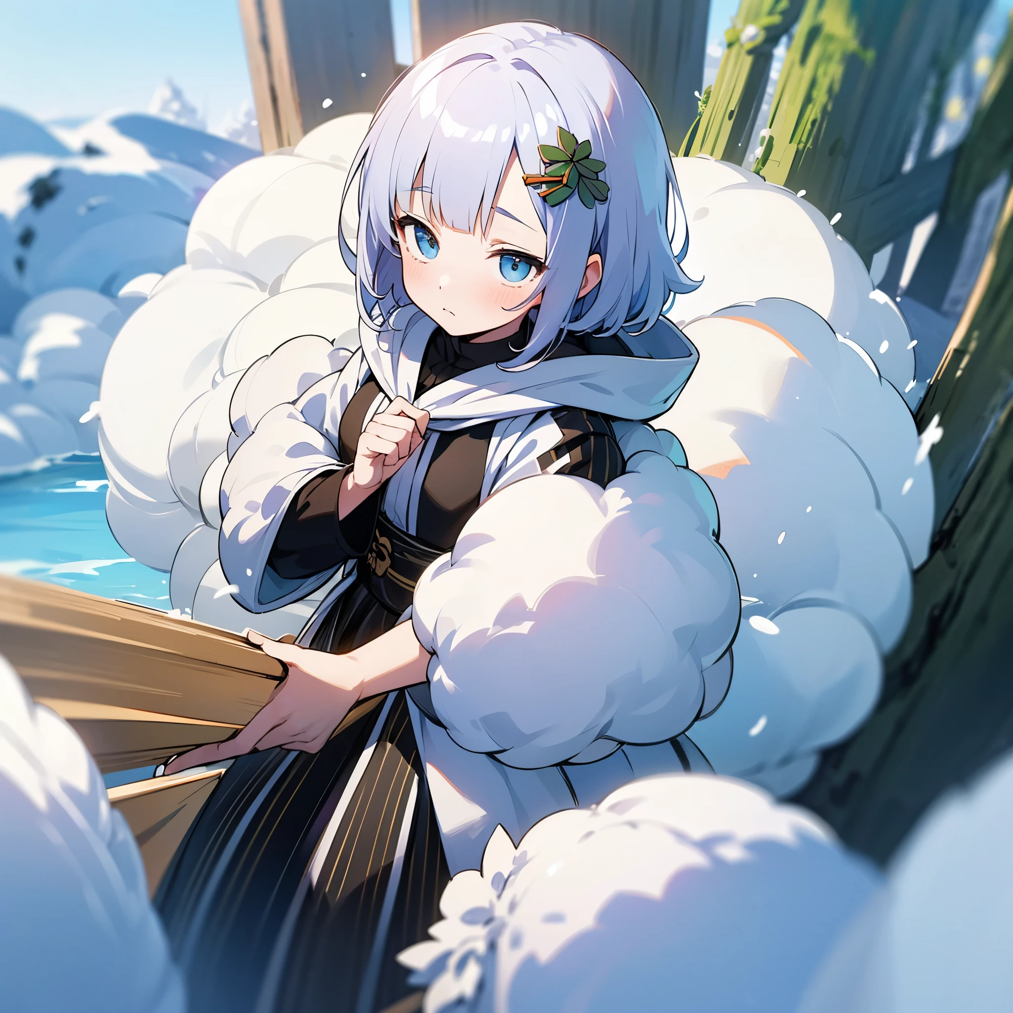 of the best quality、best image quality、Women、cute、girl、snow and pine image character、Yukipi's、Slightly uneasy expression、 Arousing Desire for Protection 、light pine needle colored shiny hair、short hair、Pinecone hair ornament、striped eel-like clothing、hooded with the image of a fukabuka pine cotton snow、Hoodie with a large, round, fluffy decoration like cotton snow on the chest、wears a hood、hoodie with round fluff-like decoration on the chest、soft expression、Cedar、Snow Pino