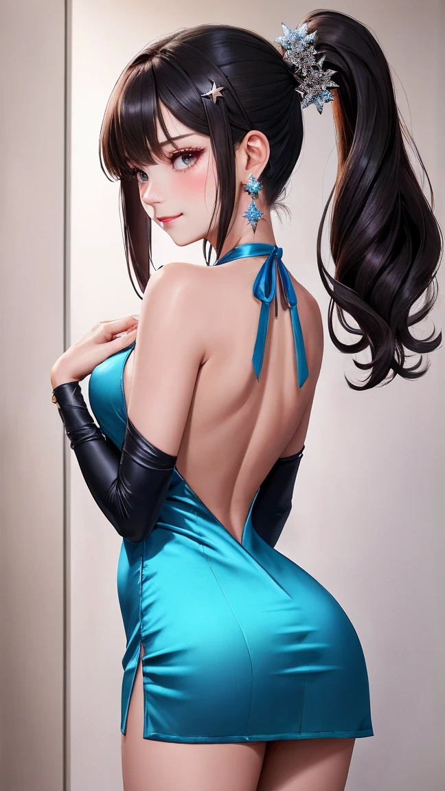 masterpiece, cyber ninja, back turned, looking over shoulder, sexy woman, bodysuit, full body shot, ass crack, cleavage